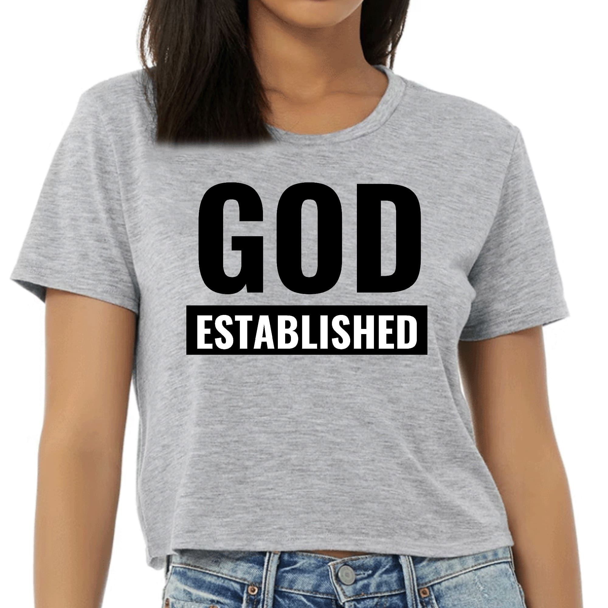 Women's cropped graphic t-shirt in black featuring 'God Established' inspirational text, made from soft preshrunk cotton.