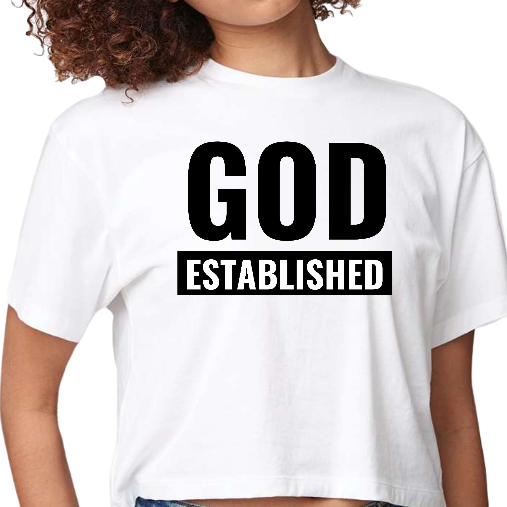 Women's cropped graphic t-shirt in black featuring 'God Established' inspirational text, made from soft preshrunk cotton.