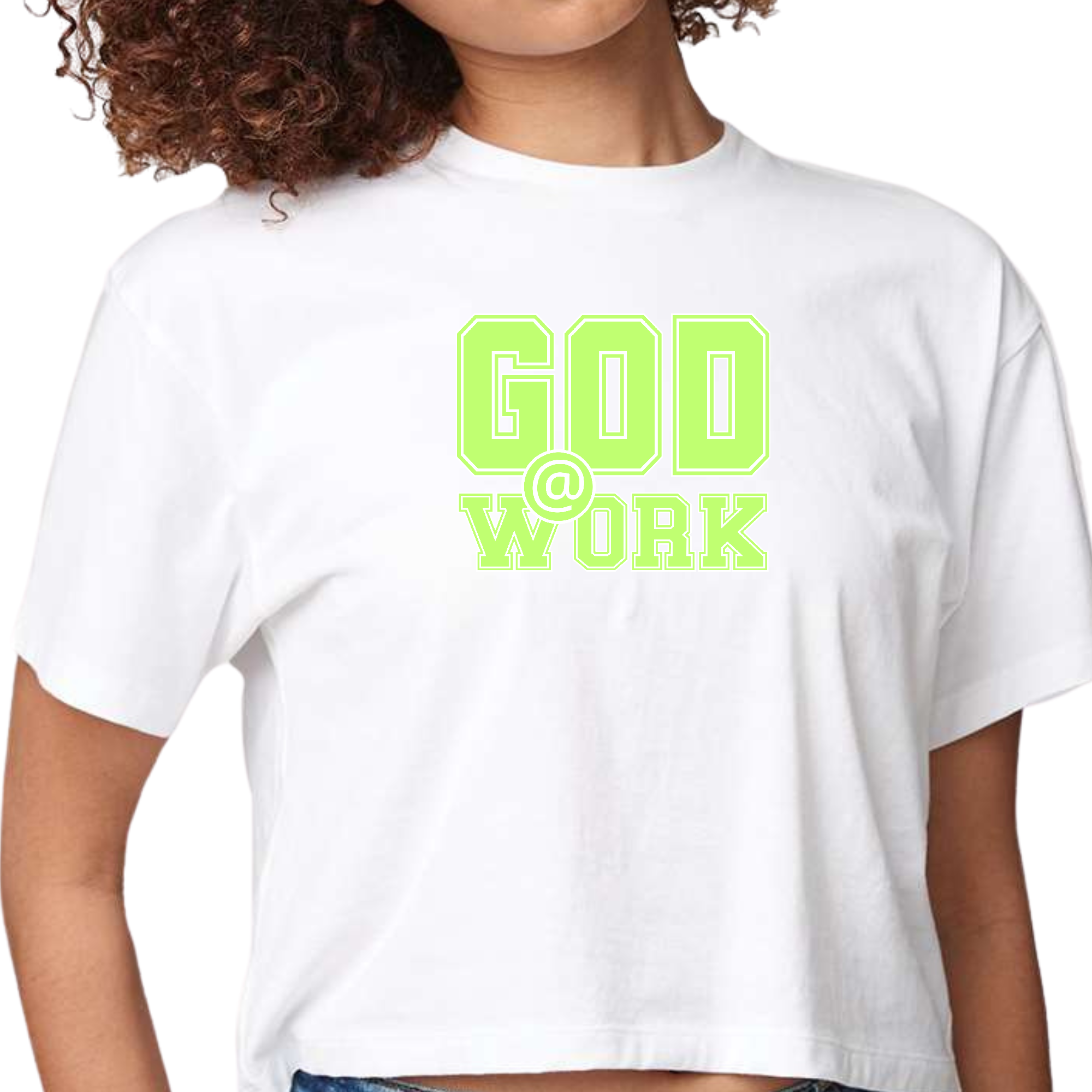 Womens Cropped Graphic T-shirt in neon green with God @ Work print, showcasing a stylish and comfortable design.