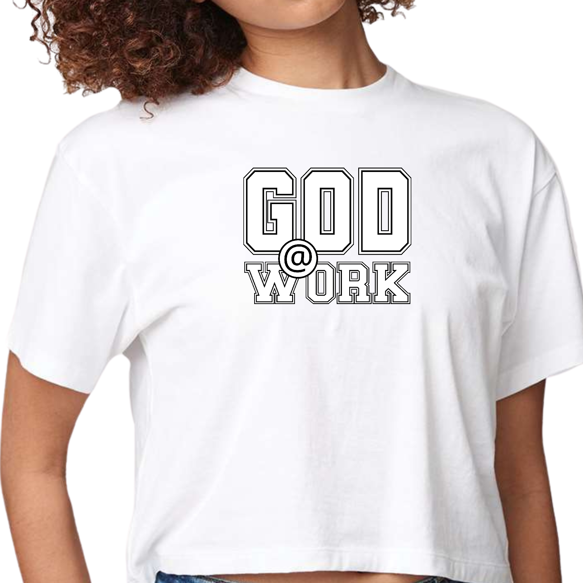 Women's cropped graphic t-shirt featuring a 'God @ Work' print in black and white, made from soft preshrunk cotton.