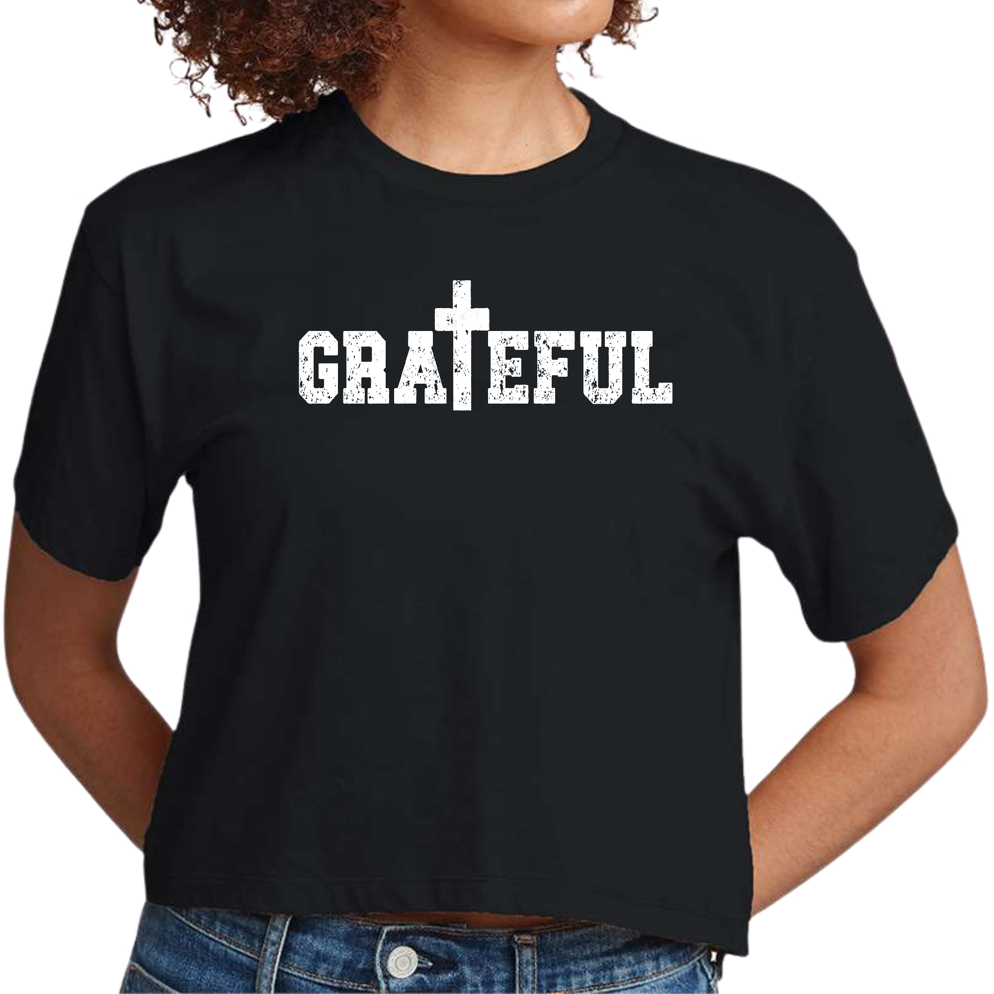 Women's cropped graphic t-shirt featuring a Grateful print, showcasing a stylish design and soft fabric.