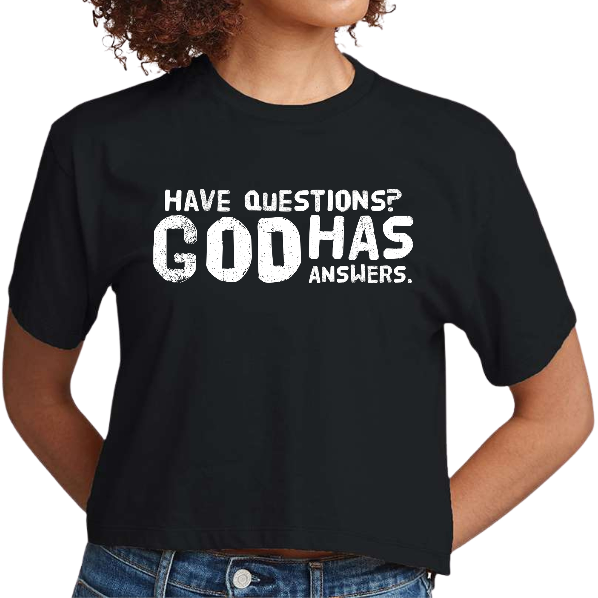 Women's Cropped Graphic T-shirt with 'Have Questions God has Answers' print, showcasing a stylish design and soft fabric.