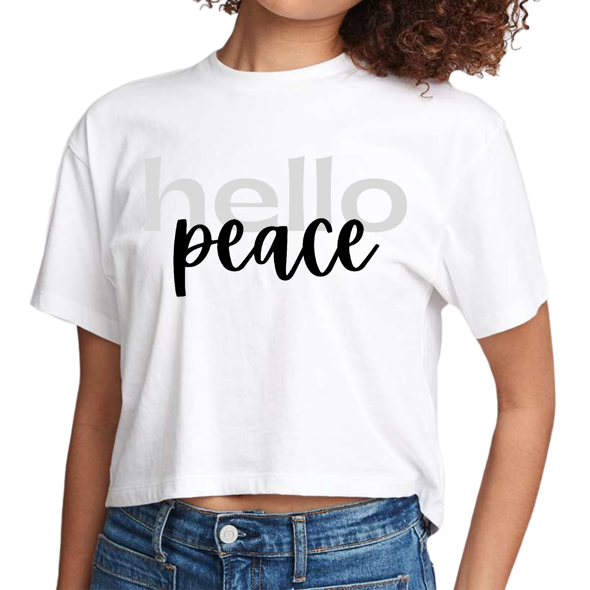 Women's cropped graphic t-shirt in grey and black featuring a motivational 'Hello Peace' design, made from soft preshrunk cotton.