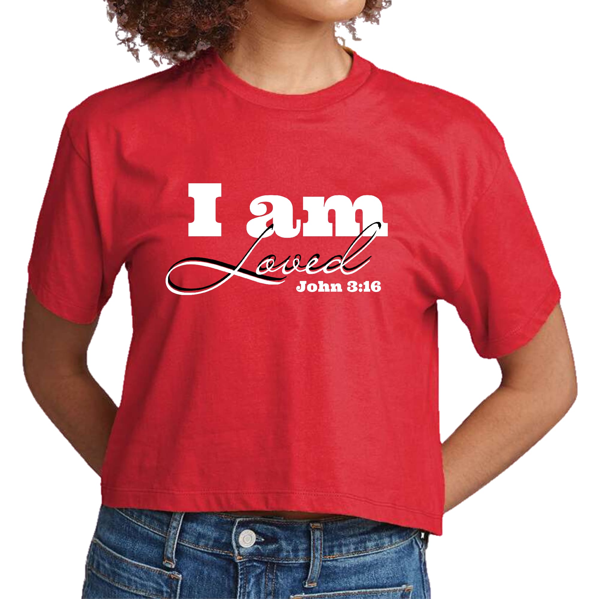 Women's cropped graphic t-shirt featuring 'I Am Loved' John 3:16 illustration, made from soft preshrunk cotton.