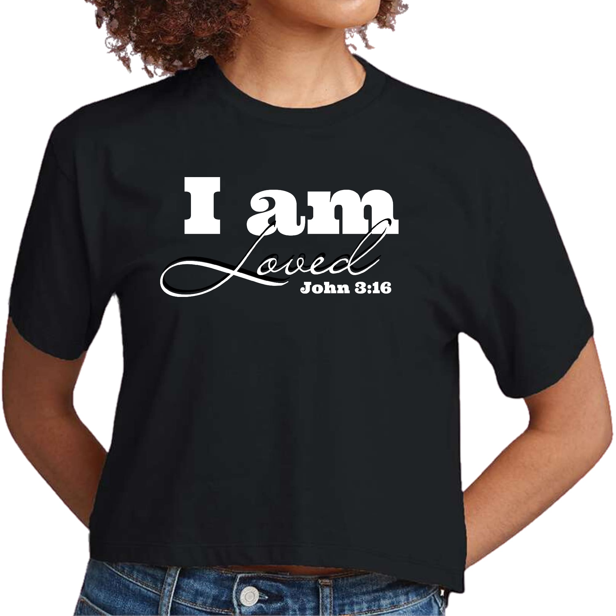 Women's cropped graphic t-shirt featuring 'I Am Loved' John 3:16 illustration, made from soft preshrunk cotton.