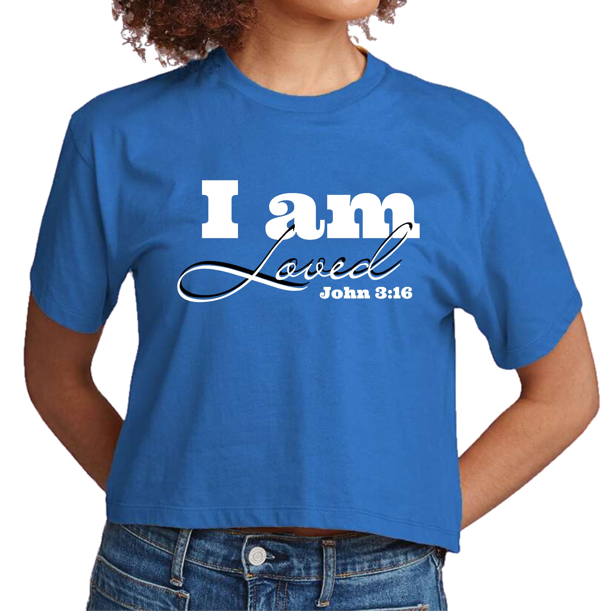 Women's cropped graphic t-shirt featuring 'I Am Loved' John 3:16 illustration, made from soft preshrunk cotton.