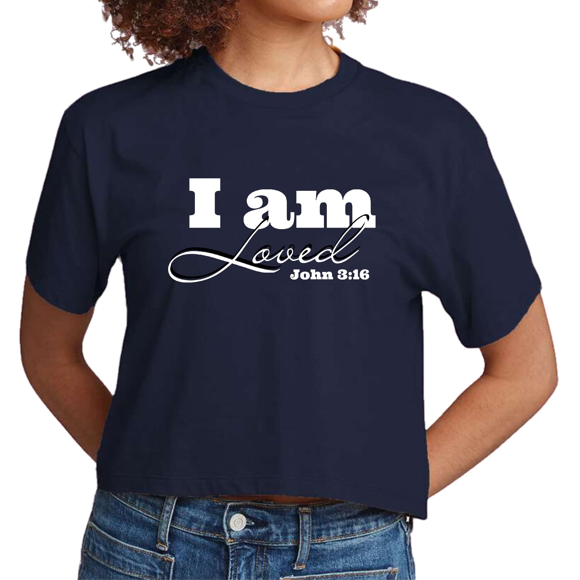 Women's cropped graphic t-shirt featuring 'I Am Loved' John 3:16 illustration, made from soft preshrunk cotton.