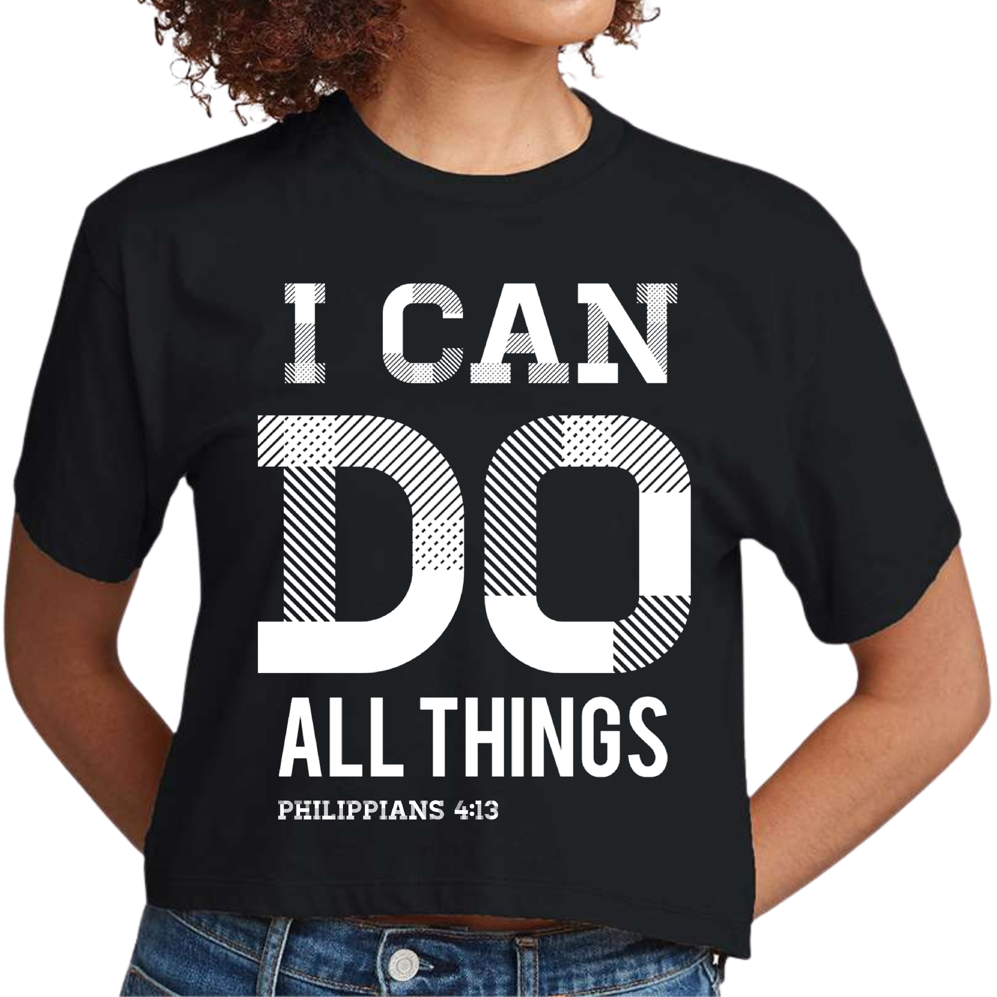 Women's cropped graphic t-shirt with Philippians 4:13 scripture print, showcasing a stylish and comfortable design.