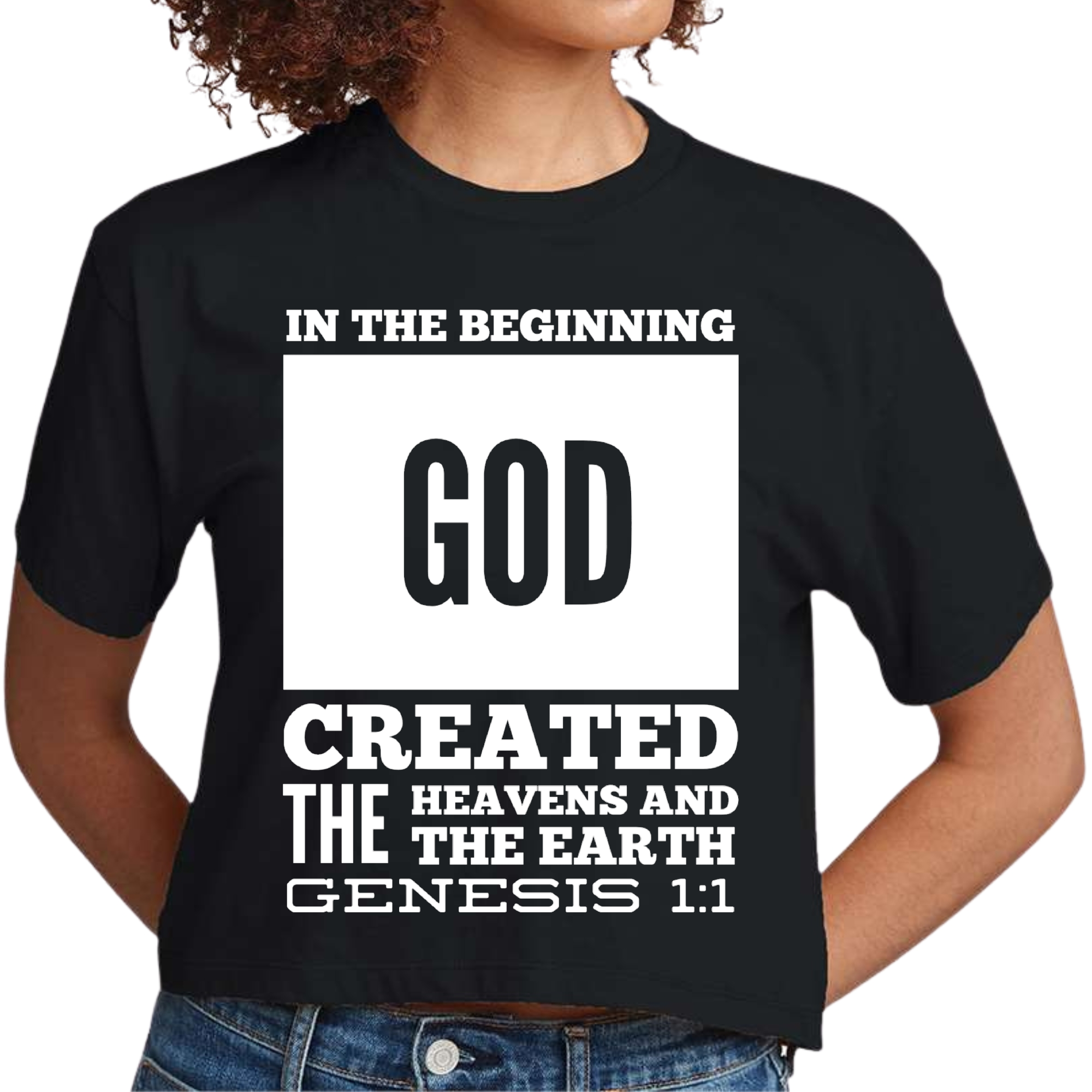 Women's Cropped Graphic T-shirt featuring 'In The Beginning' scripture print, made from soft preshrunk cotton with a classic fit.