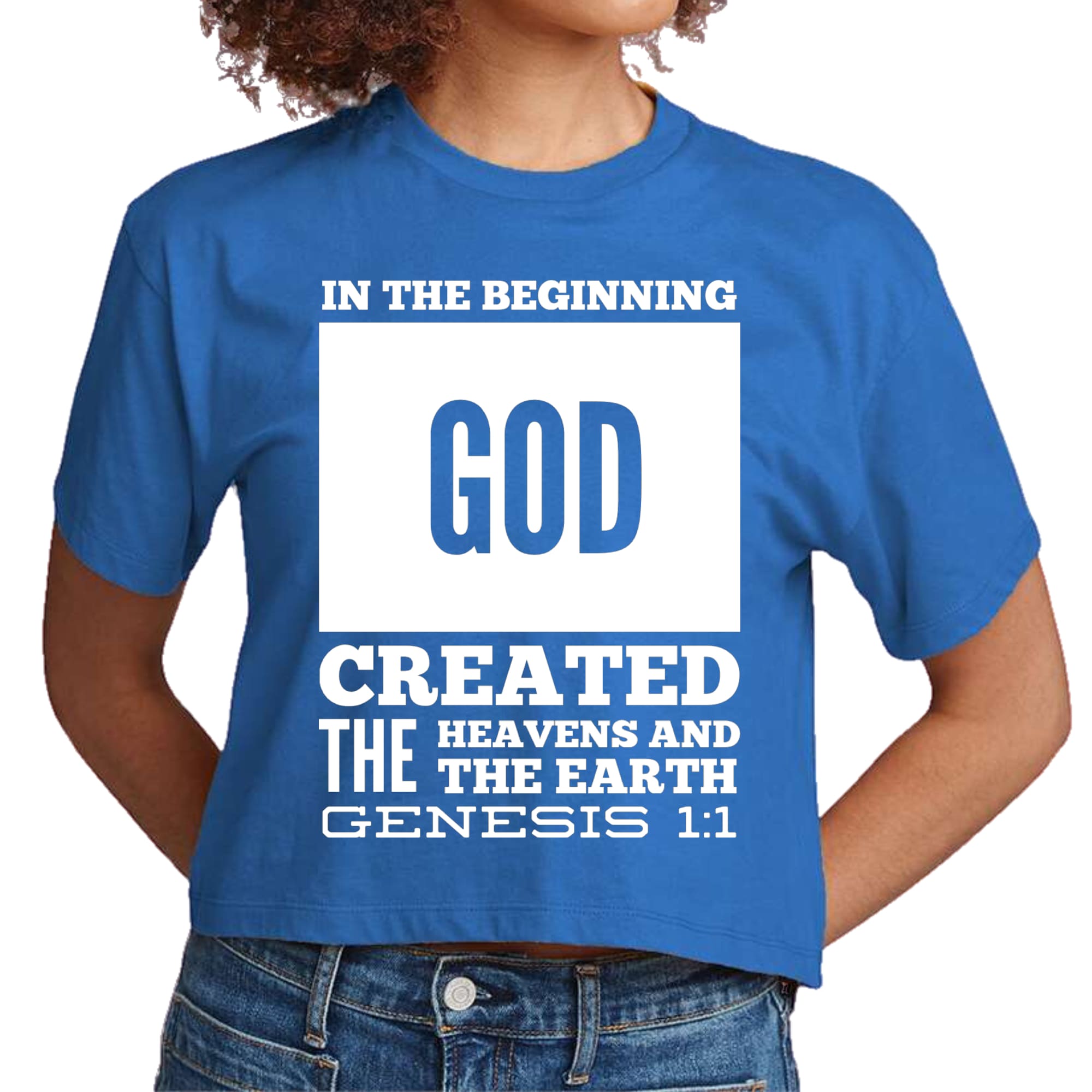 Women's Cropped Graphic T-shirt featuring 'In The Beginning' scripture print, made from soft preshrunk cotton with a classic fit.