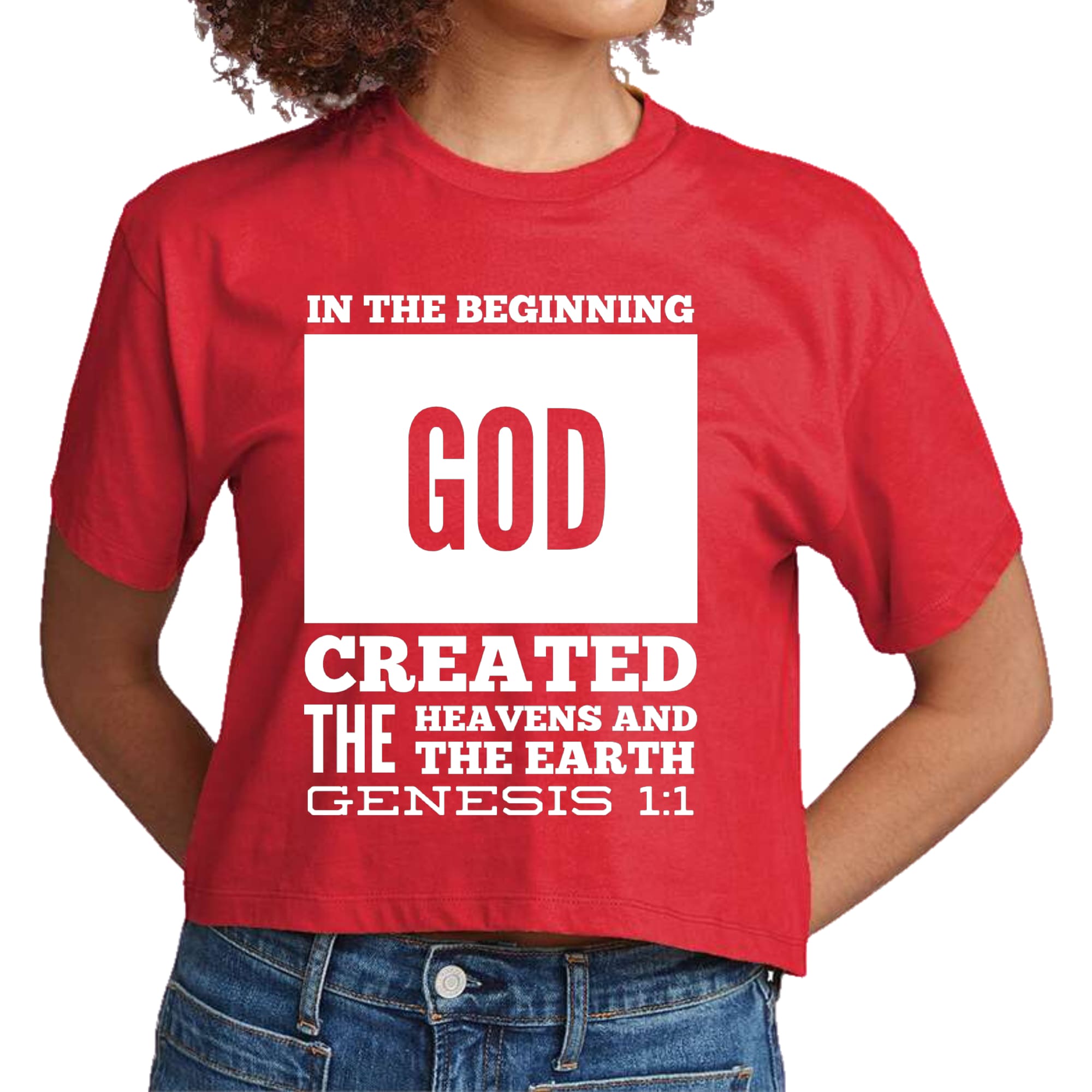 Women's Cropped Graphic T-shirt featuring 'In The Beginning' scripture print, made from soft preshrunk cotton with a classic fit.