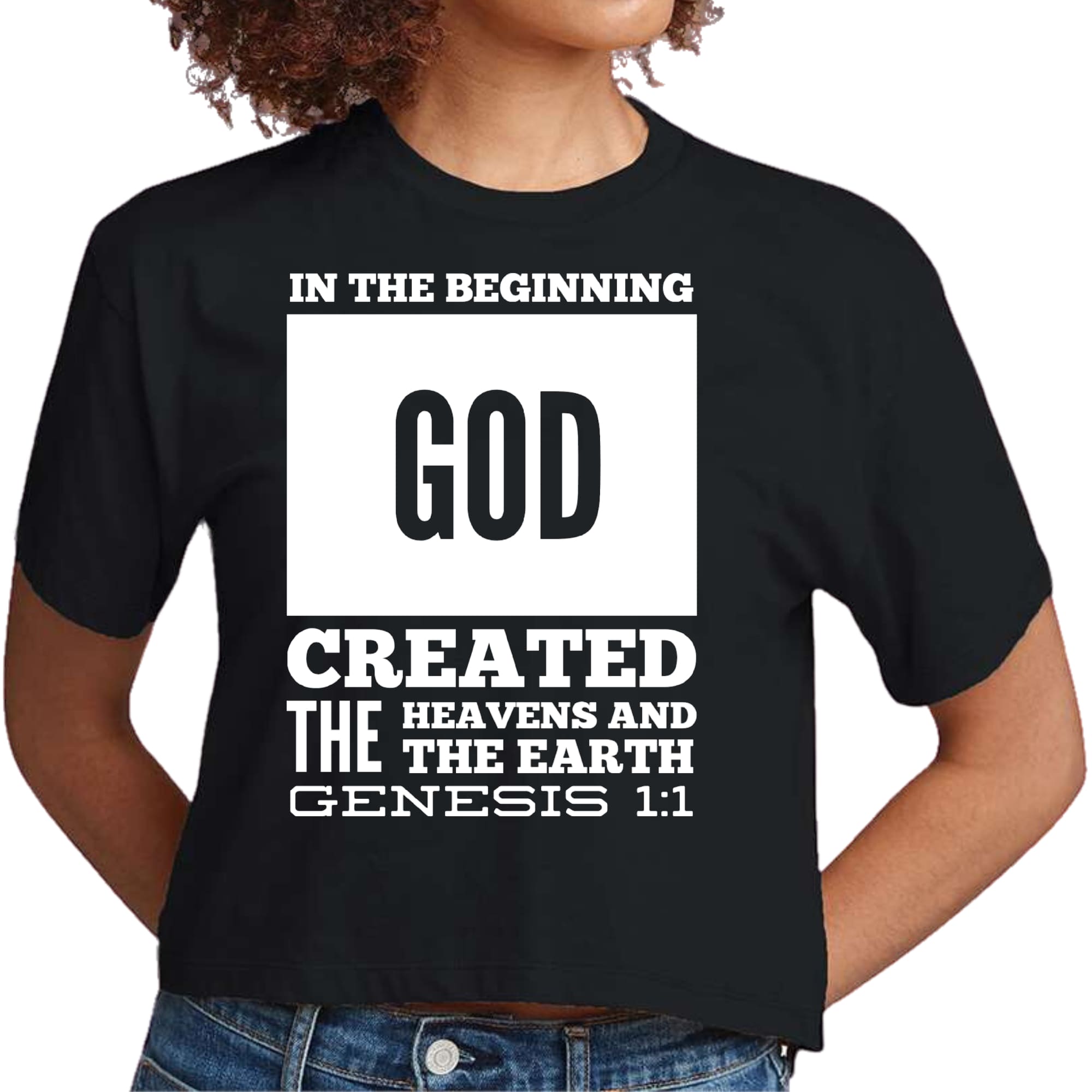 Women's Cropped Graphic T-shirt featuring 'In The Beginning' scripture print, made from soft preshrunk cotton with a classic fit.