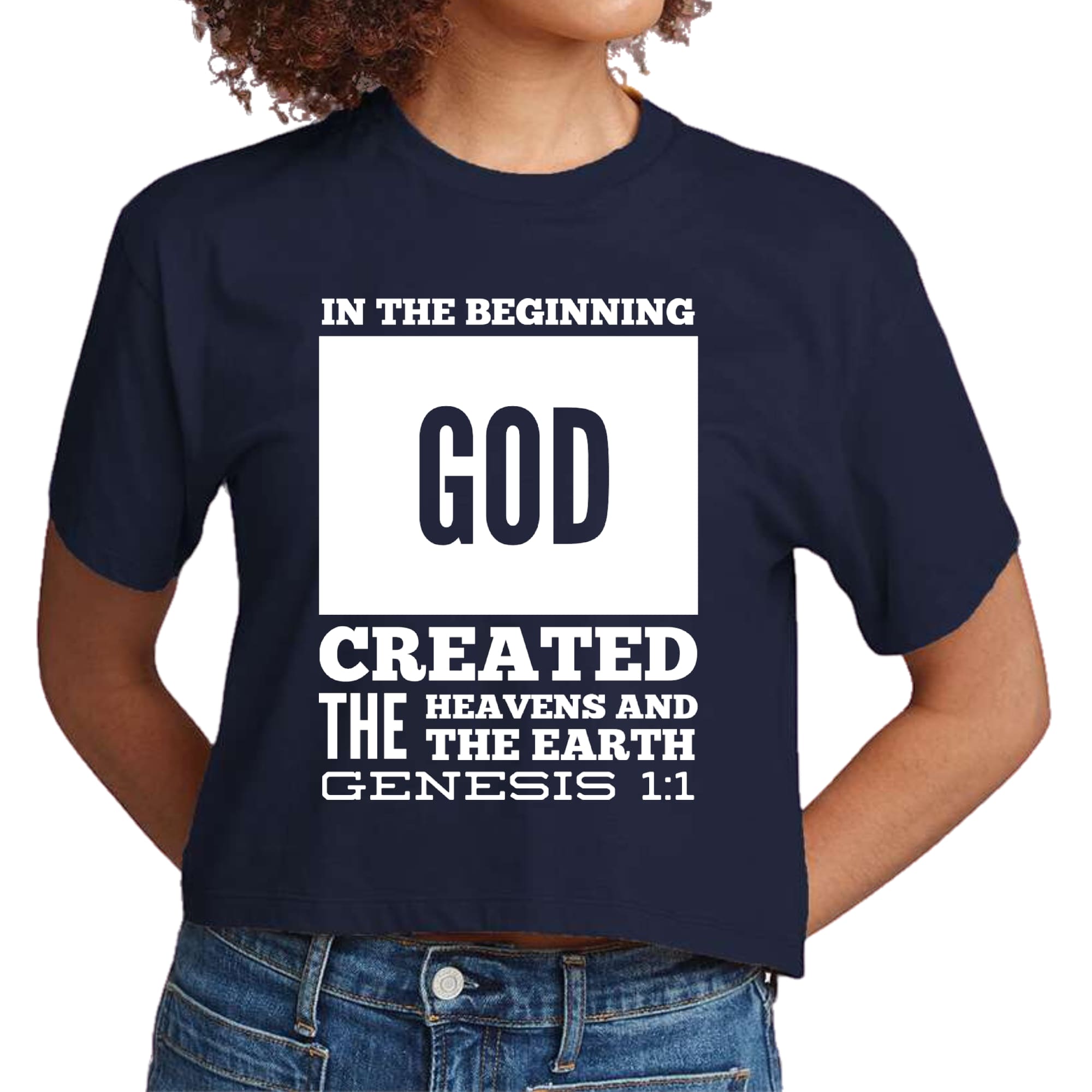 Women's Cropped Graphic T-shirt featuring 'In The Beginning' scripture print, made from soft preshrunk cotton with a classic fit.