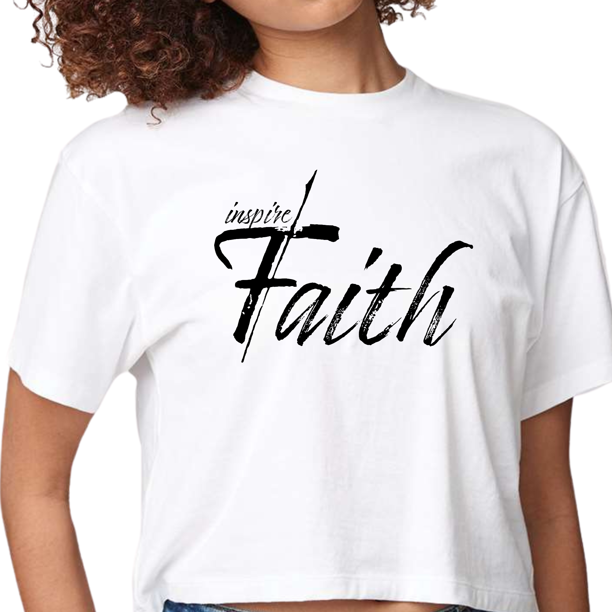 Womens Cropped Graphic T-shirt featuring Inspire Faith black print, showcasing a stylish and creative design perfect for casual wear.