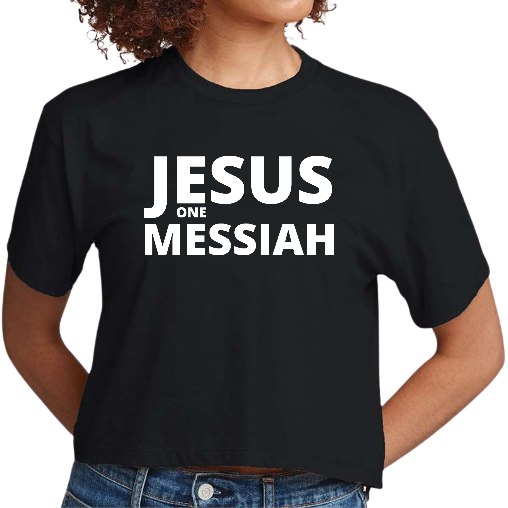 Women's Cropped Graphic T-shirt featuring Jesus, the one Messiah, in a stylish design with a crew neck and short sleeves.