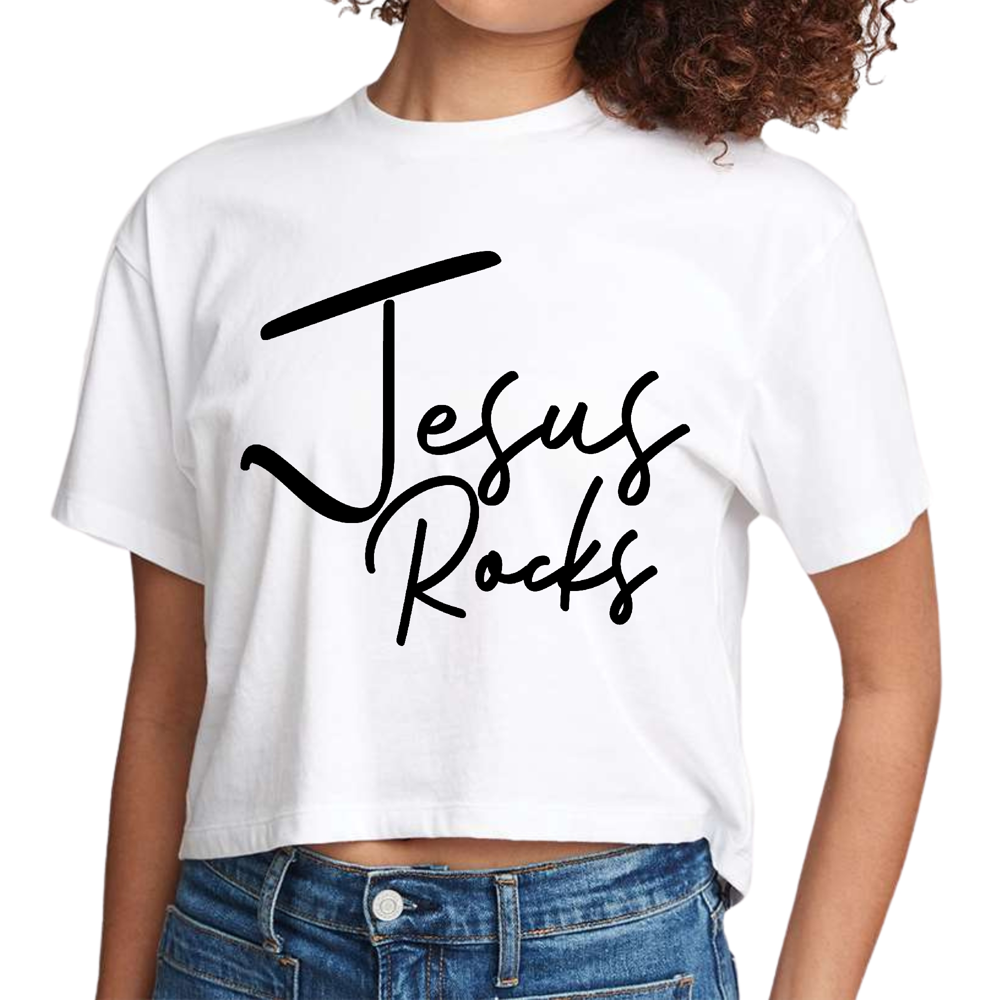 Women's cropped graphic t-shirt featuring 'Jesus Rocks' print in black, made from soft preshrunk cotton.