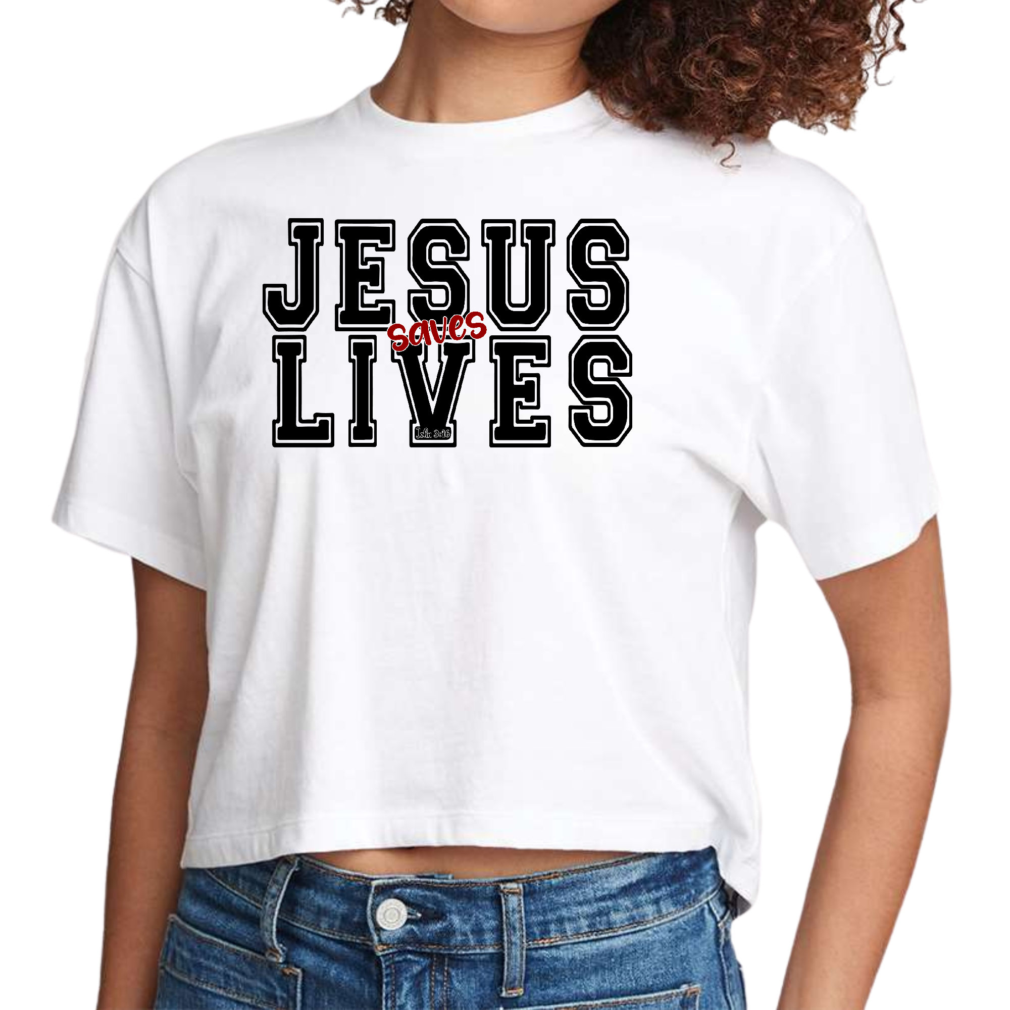 Women's cropped graphic t-shirt in black and red with 'Jesus Saves Lives' print, showcasing a stylish and comfortable design.