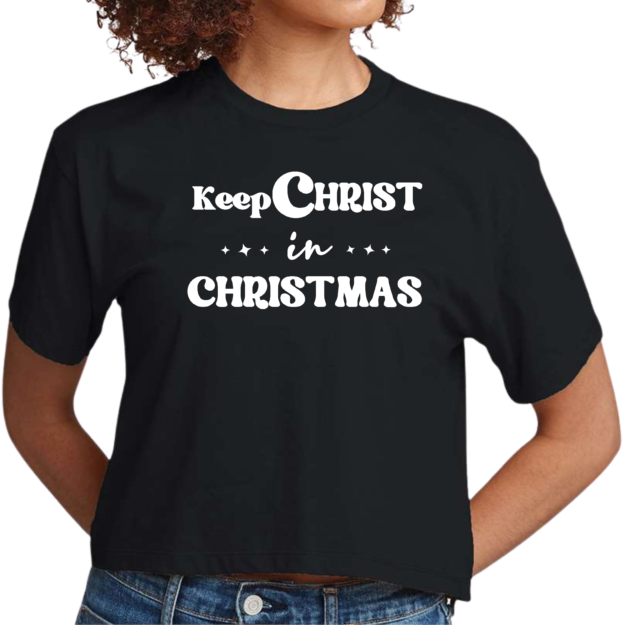 Women's cropped graphic t-shirt featuring 'Keep Christ in Christmas' design, made from soft cotton.