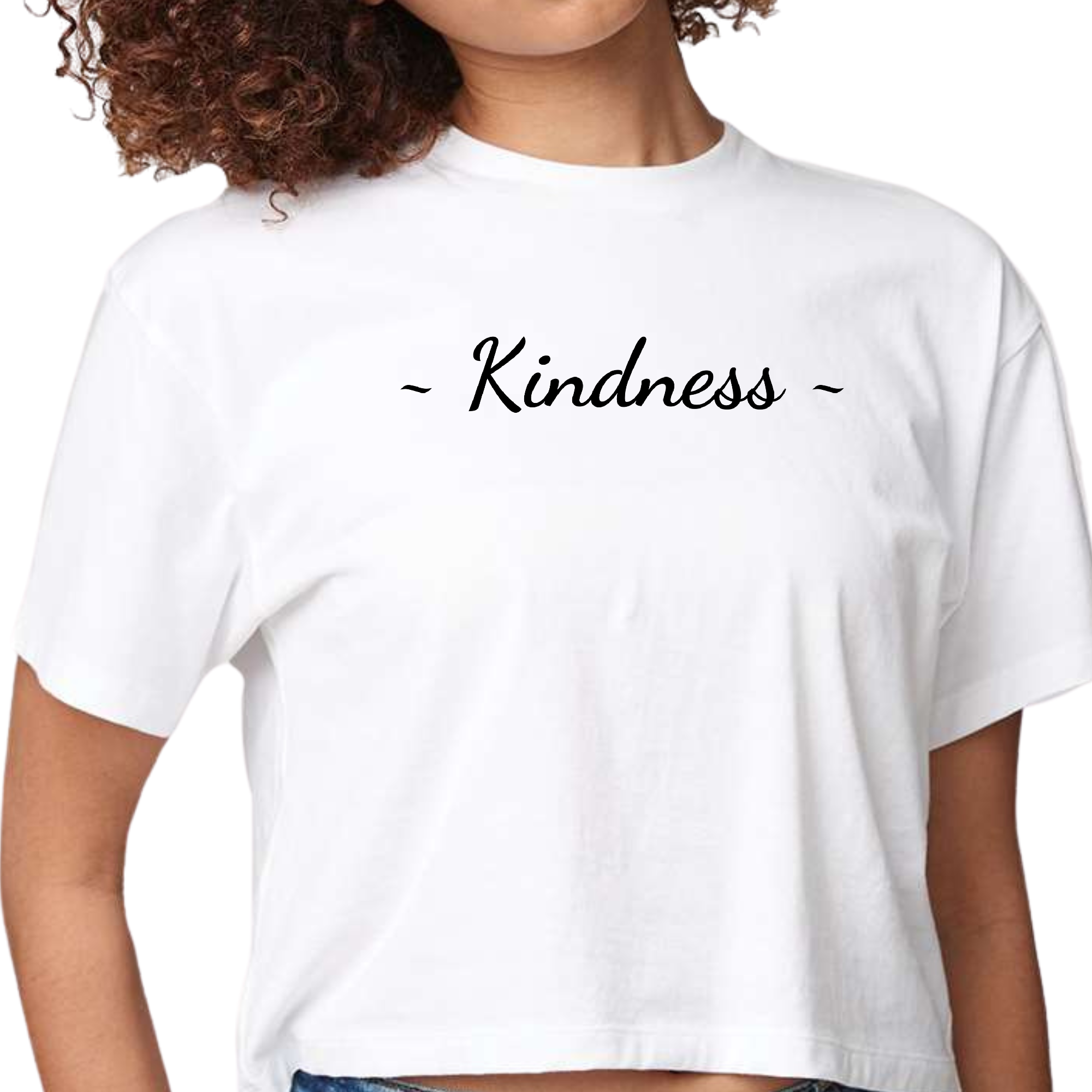 Women's Cropped Graphic T-shirt featuring a bold Kindness black print, showcasing a modern and artistic design.