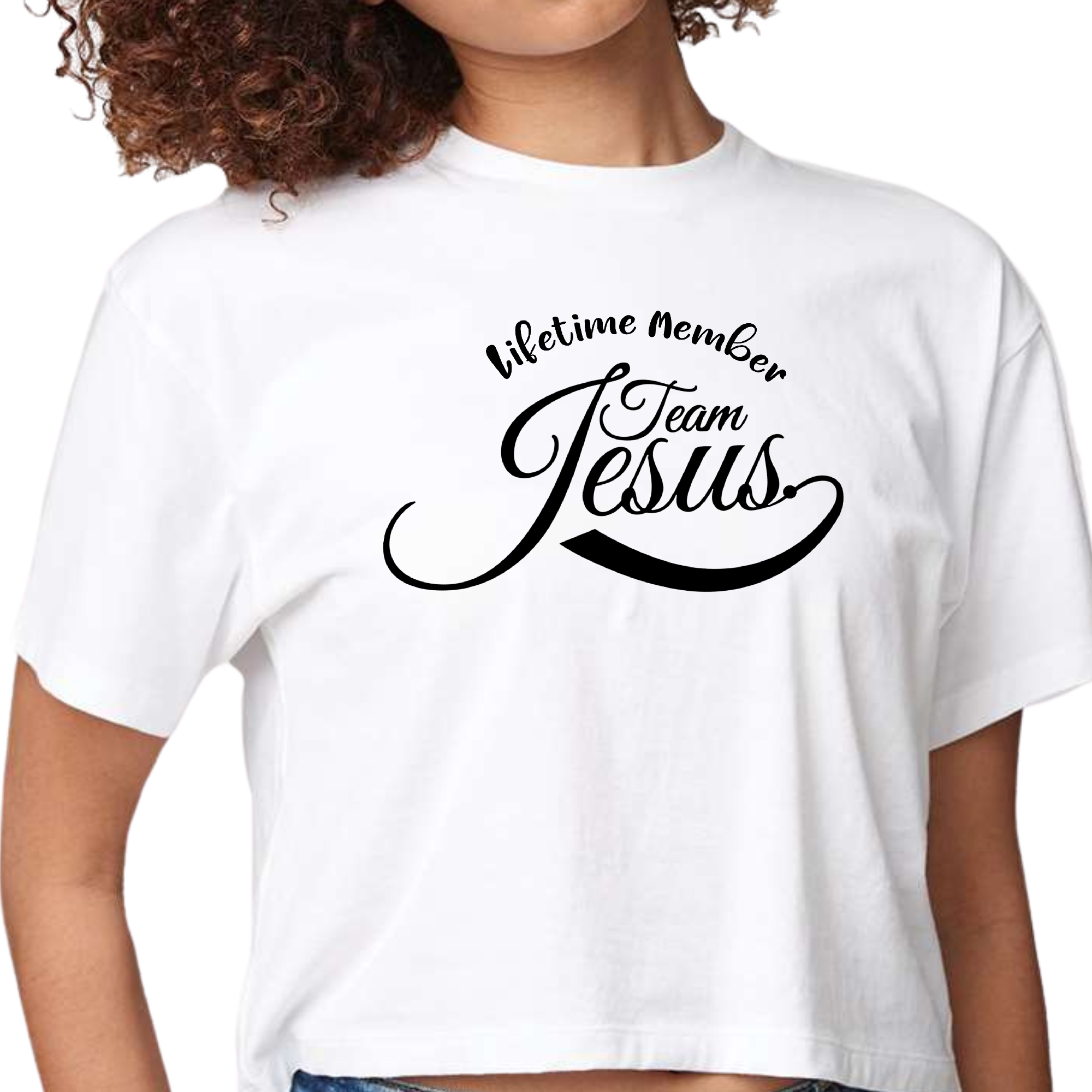 Womens Cropped Graphic T-shirt featuring Team Jesus illustration in black, showcasing a unique and stylish design for creative individuals.