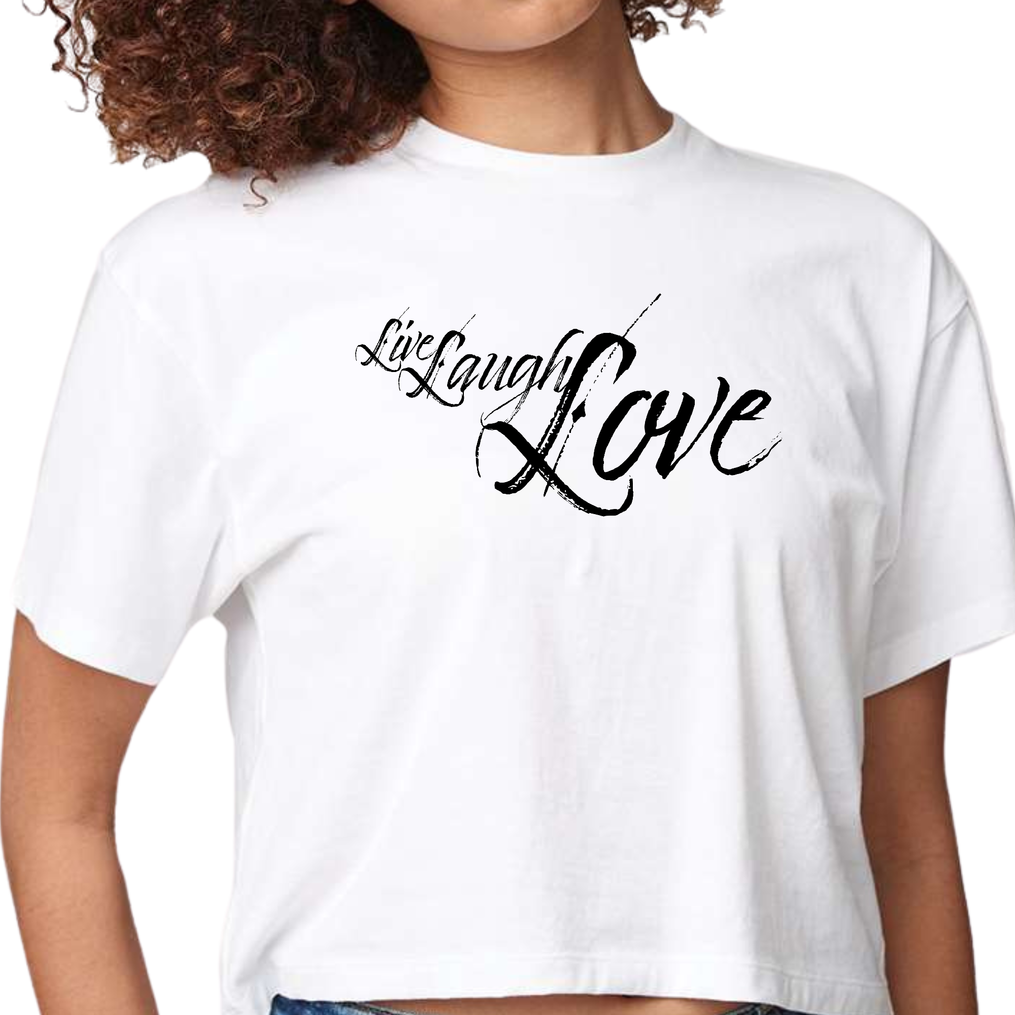 Womens Cropped Graphic T-shirt featuring a Live Laugh Love black illustration, made from soft preshrunk cotton.