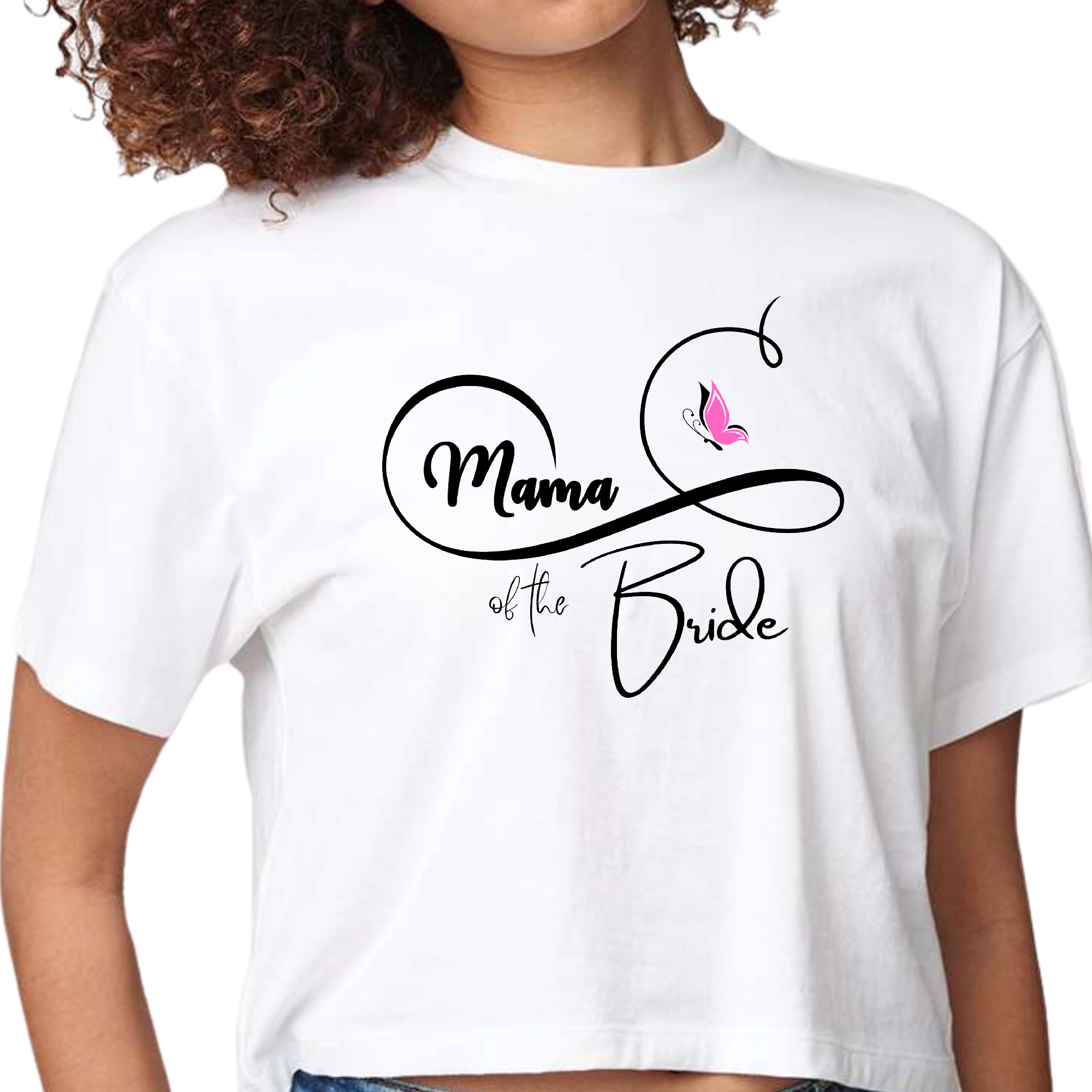 Womens cropped graphic t-shirt featuring 'Mama of the Bride' text and a pink butterfly illustration, perfect for wedding celebrations.