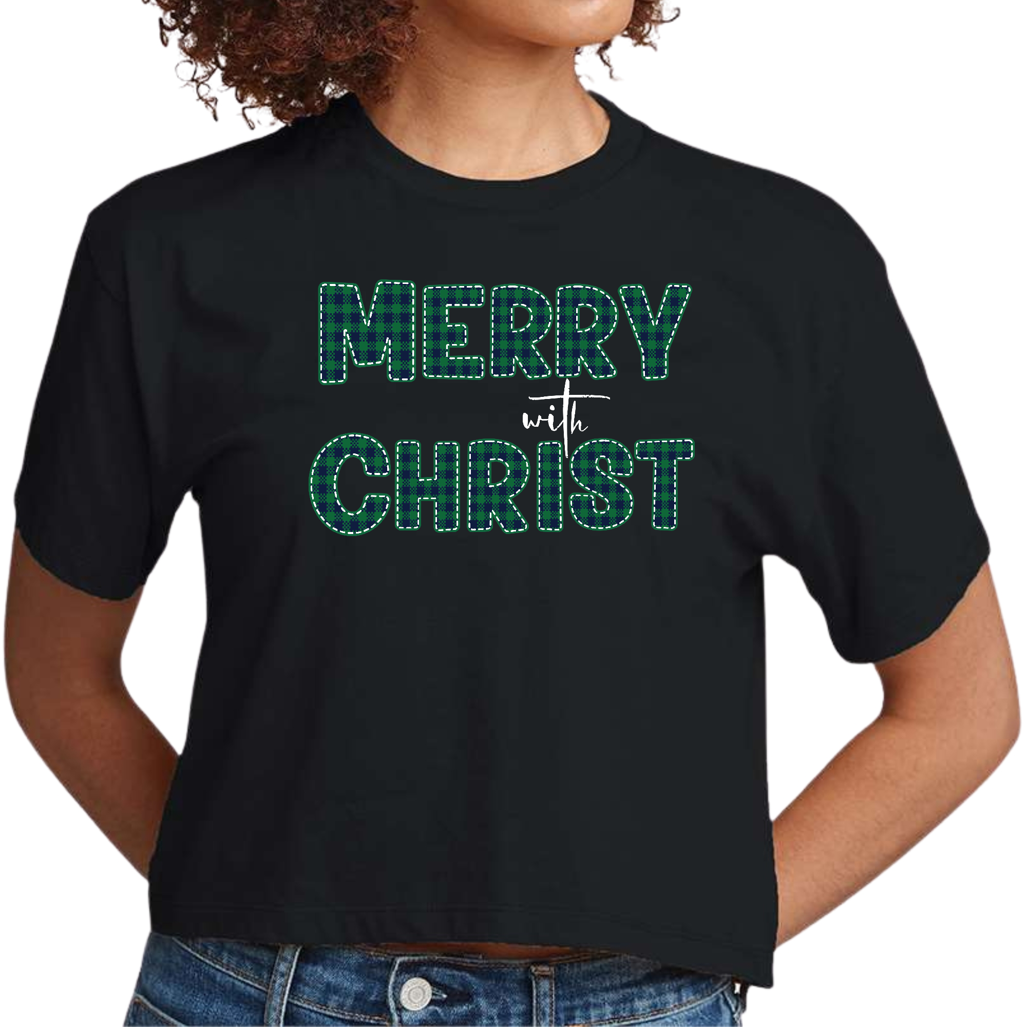 Women's cropped graphic t-shirt in green plaid featuring 'Merry with Christ' design, perfect for festive occasions.