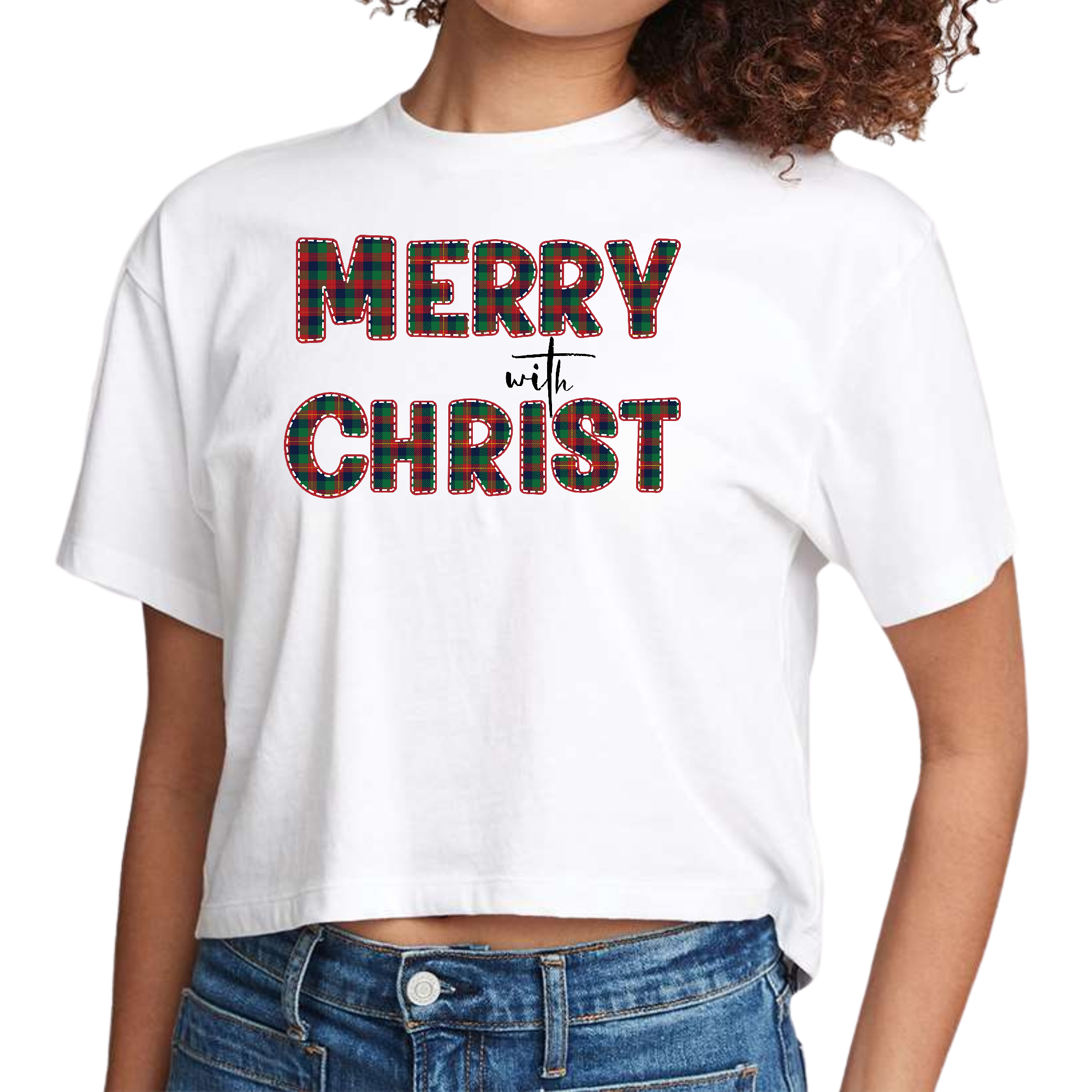 Womens cropped graphic t-shirt in red and green with Merry with Christ design, featuring a crew neck and short sleeves.