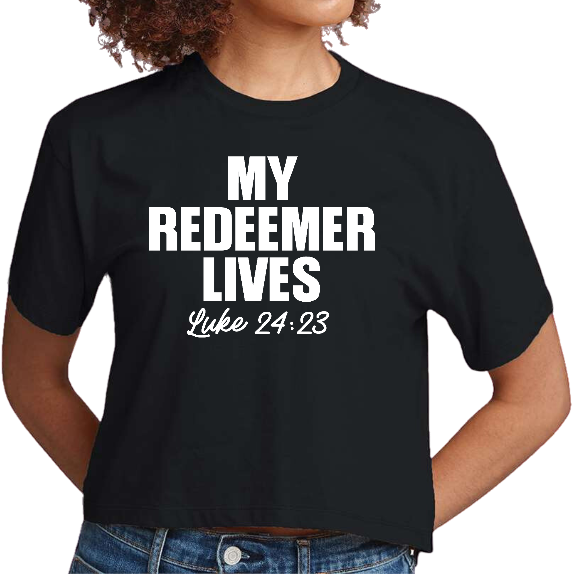 Womens Cropped Graphic T-shirt with 'My Redeemer Lives' print, showcasing a modern and artistic design in soft cotton fabric.