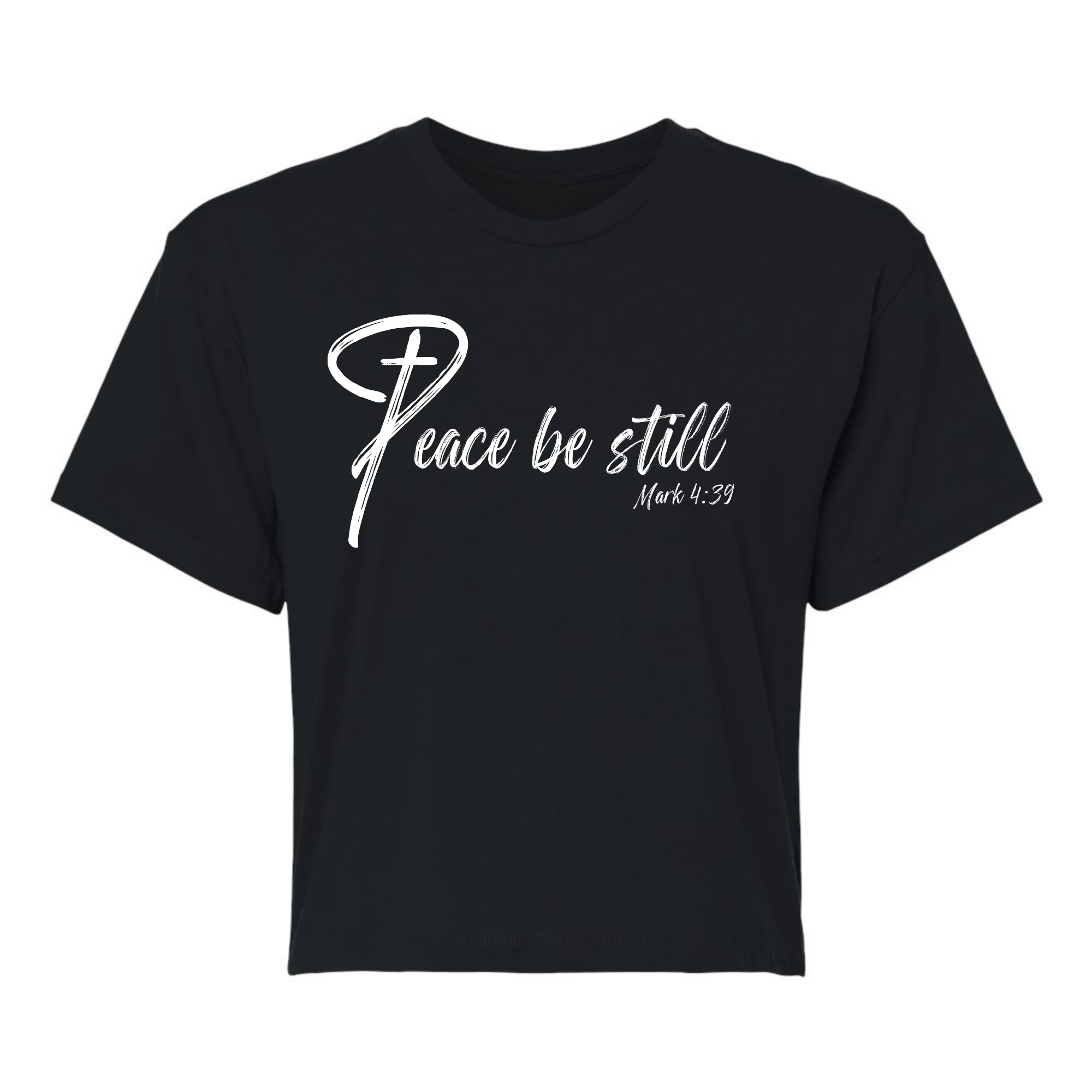 Womens Cropped Graphic T-shirt featuring 'Peace Be Still' design, made from soft preshrunk cotton with a classic fit.