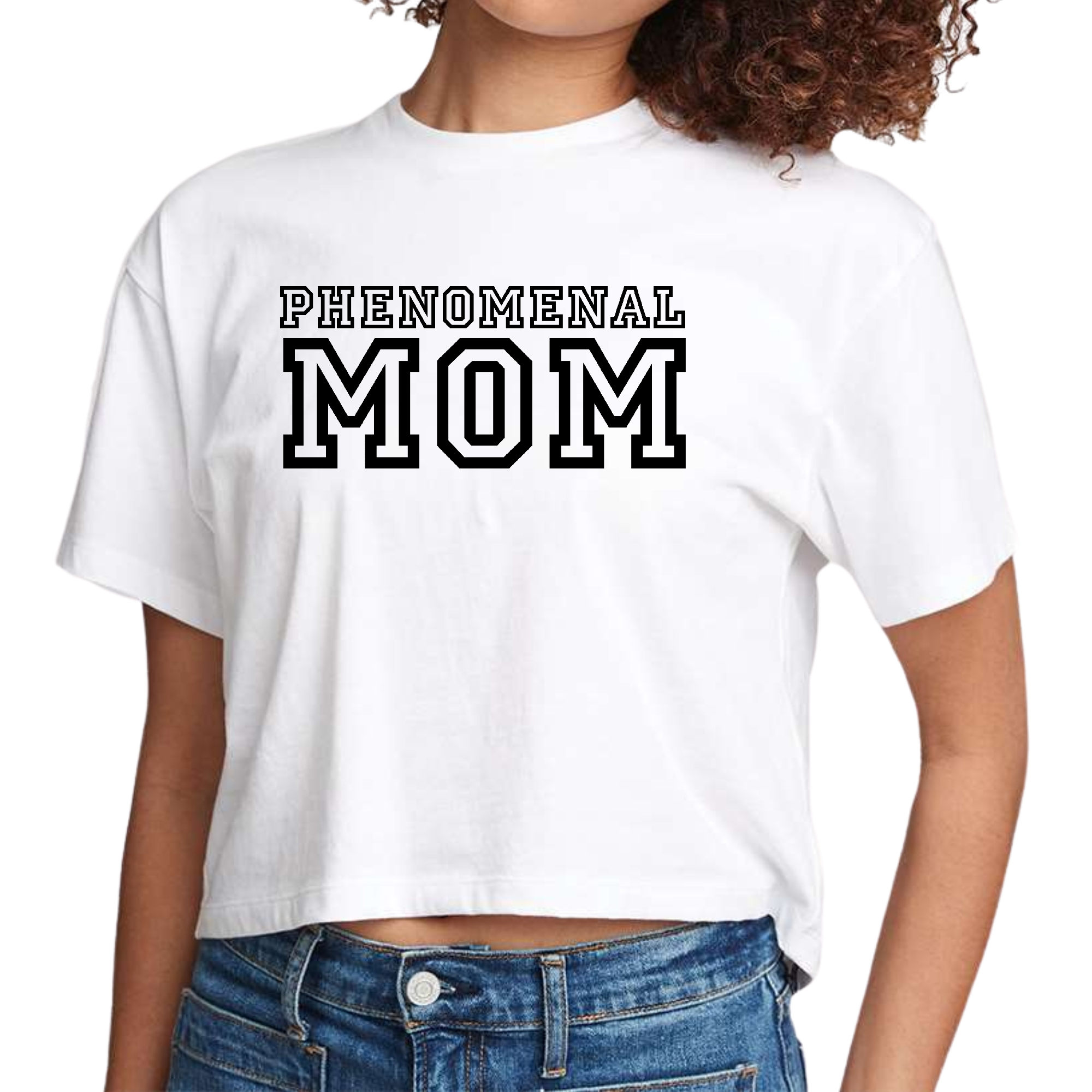 Women's Cropped Graphic T-shirt with Phenomenal Mom print, showcasing a stylish design and soft fabric.