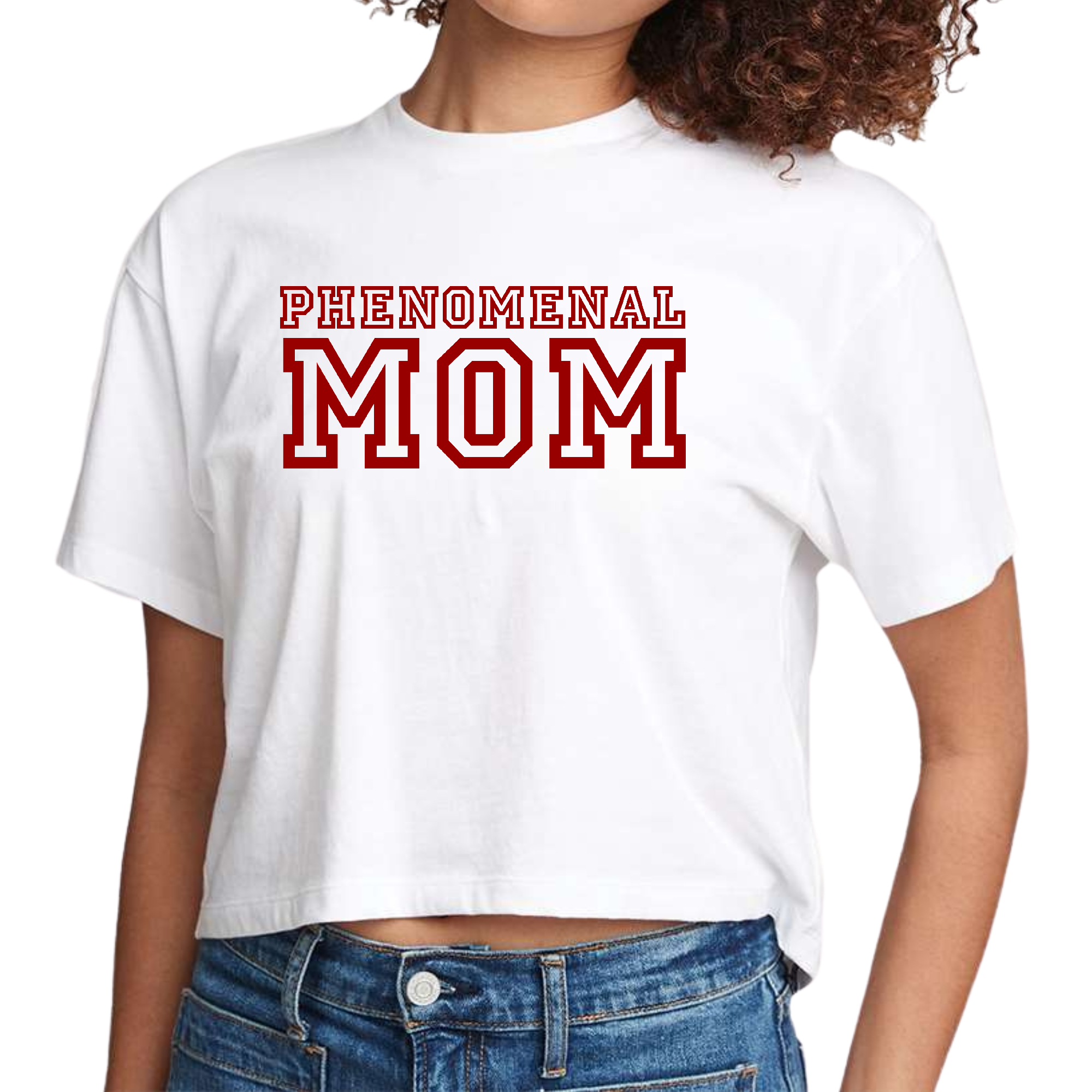 A stylish Women's Cropped Graphic T-shirt featuring a vibrant red print that says 'Phenomenal Mom', made from soft cotton fabric.