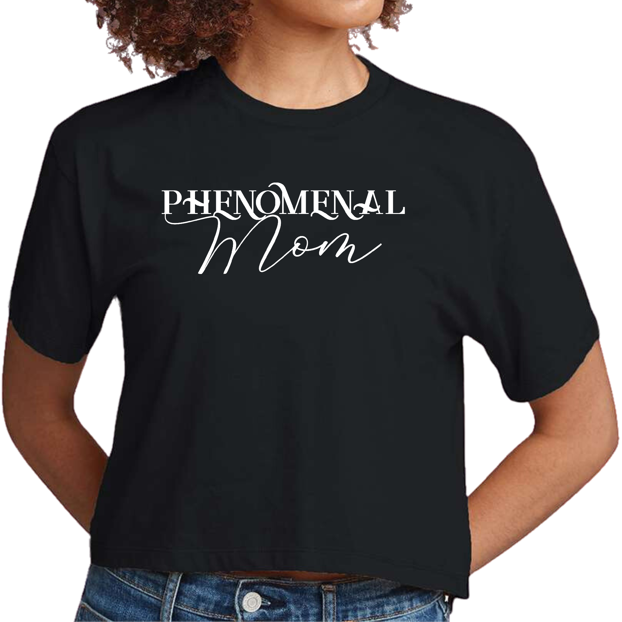 Womens Cropped Graphic T-shirt featuring a Phenomenal Mom white print, showcasing a stylish and modern design for creative individuals.