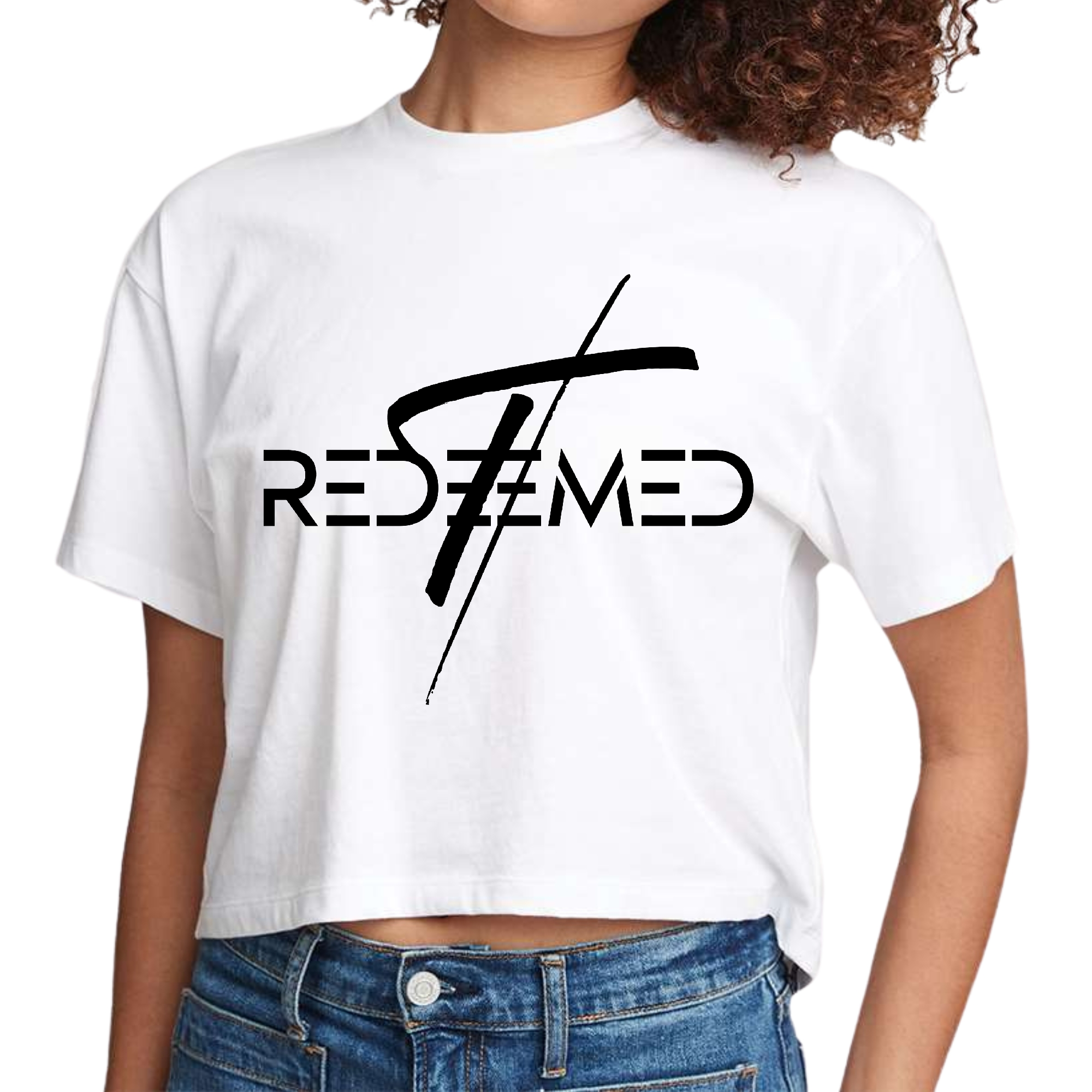 Women's cropped graphic t-shirt featuring a black Redeemed Cross illustration, made from soft preshrunk cotton.