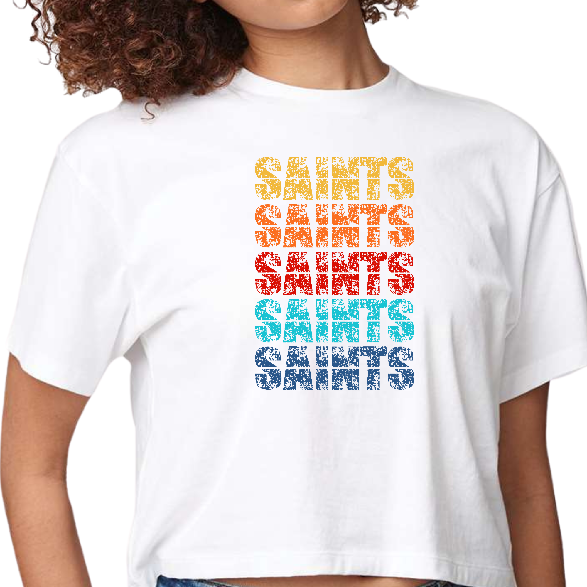 Women's Cropped Graphic T-shirt featuring a colorful Saints art illustration, made from soft preshrunk cotton for comfort and style.