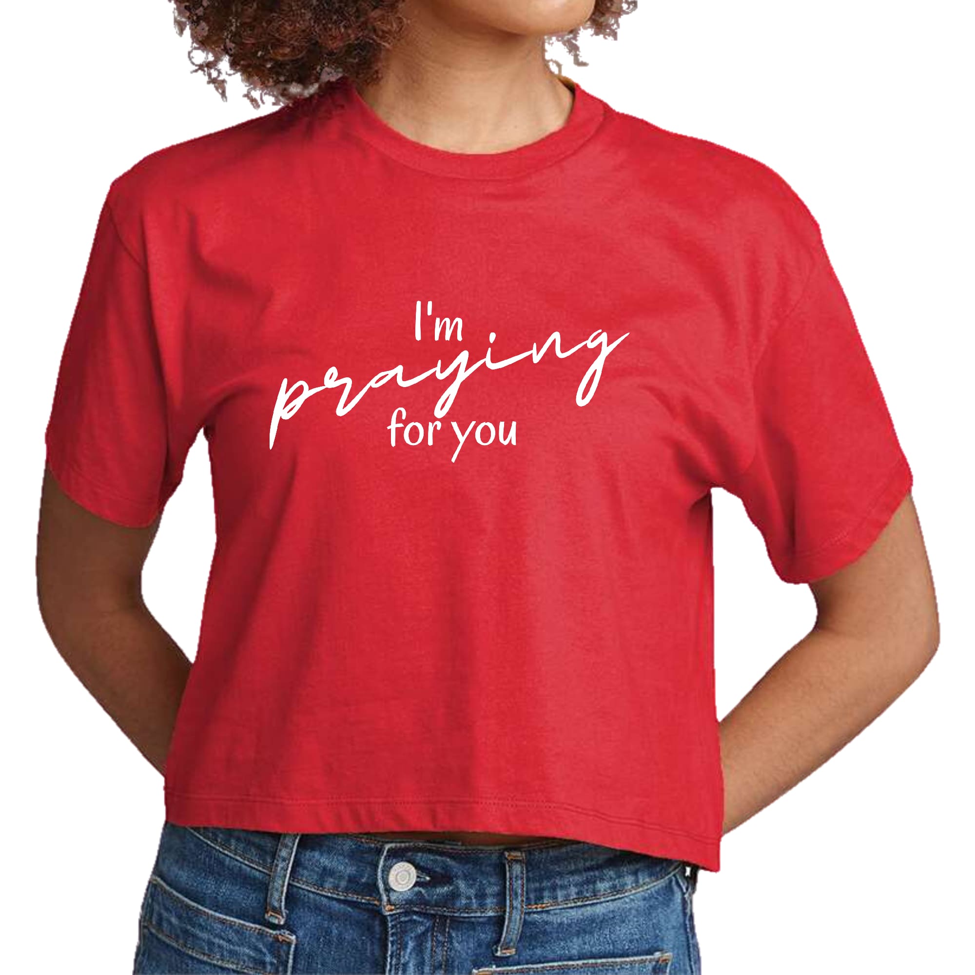 Women's cropped graphic t-shirt featuring 'I'm Praying' design, made from soft preshrunk cotton, ideal for casual and faith-based wear.