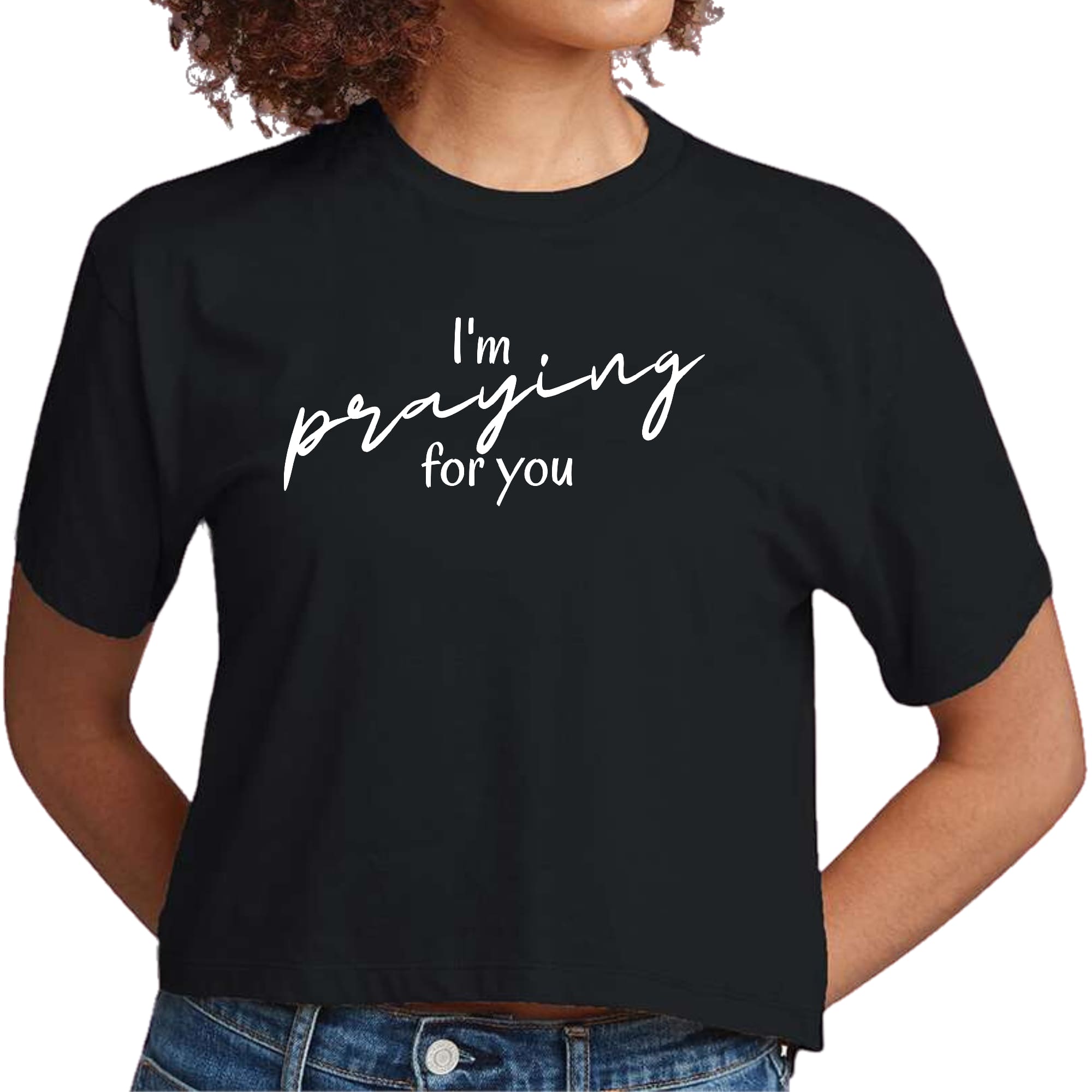 Women's cropped graphic t-shirt featuring 'I'm Praying' design, made from soft preshrunk cotton, ideal for casual and faith-based wear.