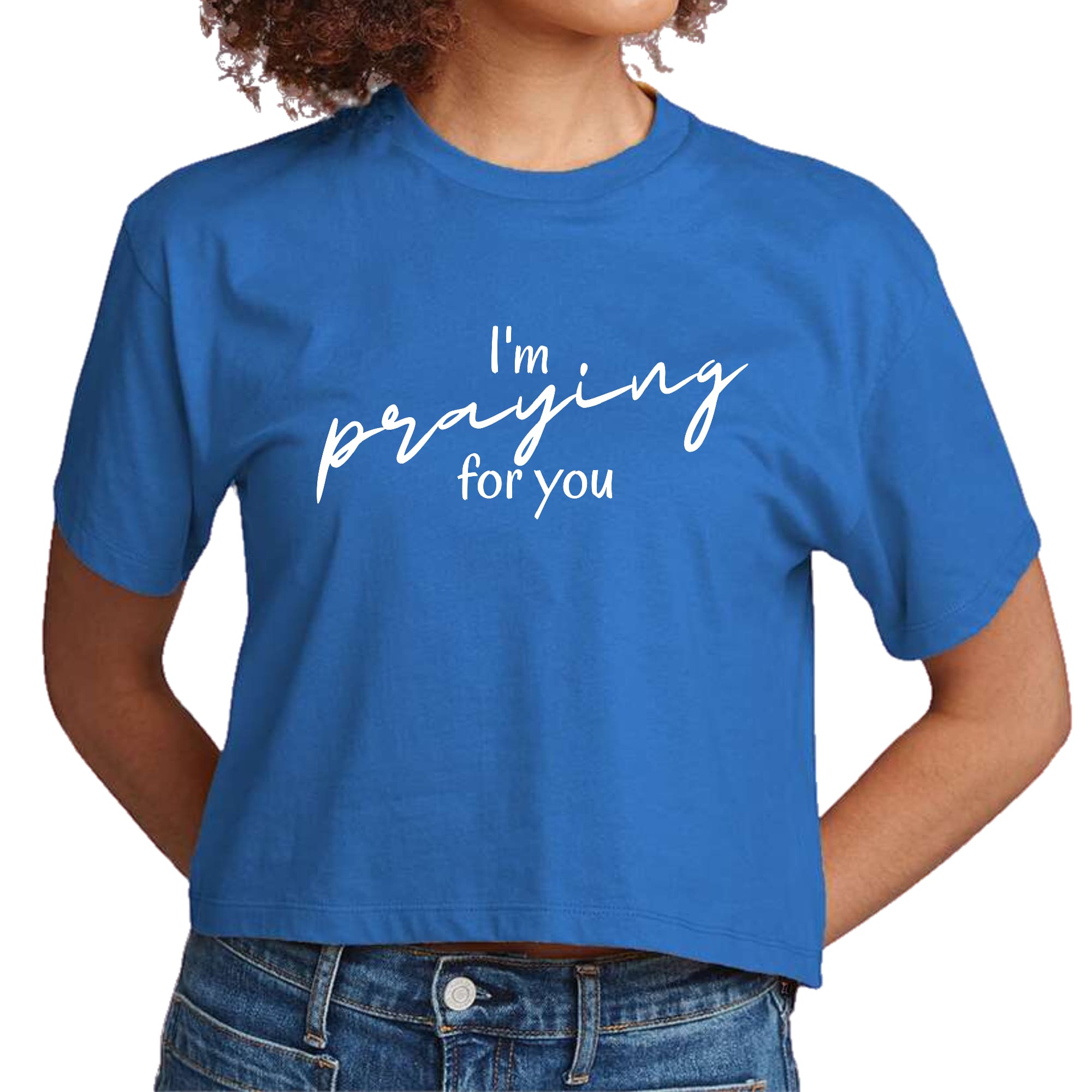 Women's cropped graphic t-shirt featuring 'I'm Praying' design, made from soft preshrunk cotton, ideal for casual and faith-based wear.