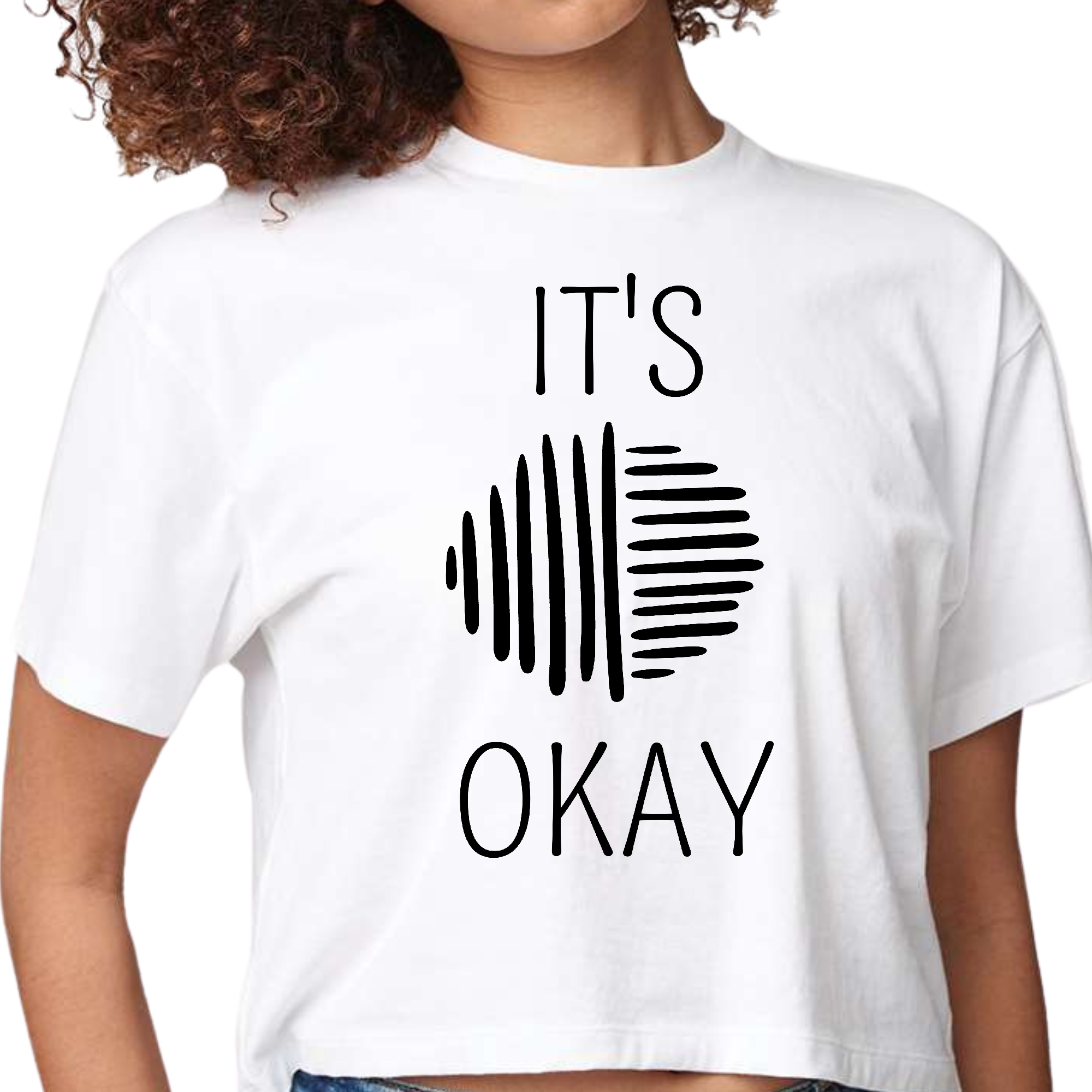 Womens Cropped Graphic T-shirt in black featuring positive affirmation 'Say It Soul, It's Okay' in artistic line art design.