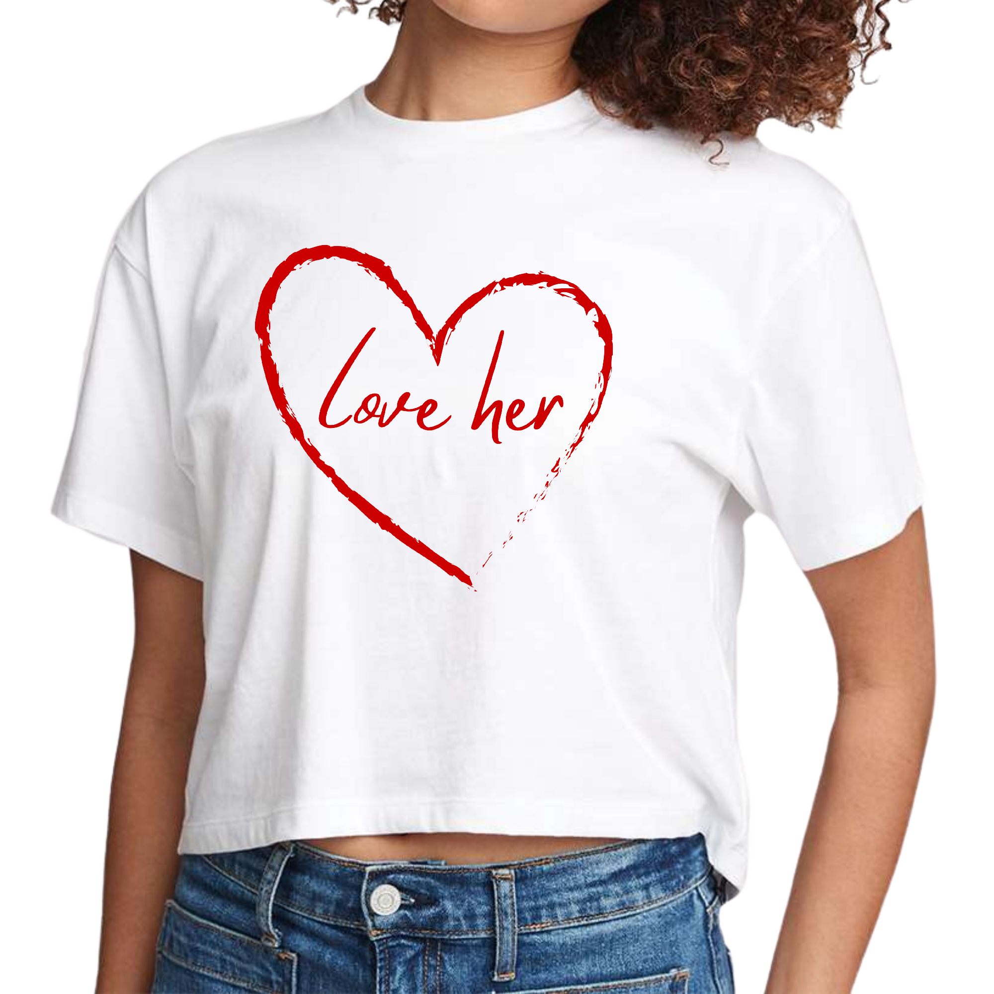 Women's cropped graphic t-shirt in red featuring the text 'Say it Soul Love Her' in a stylish design.