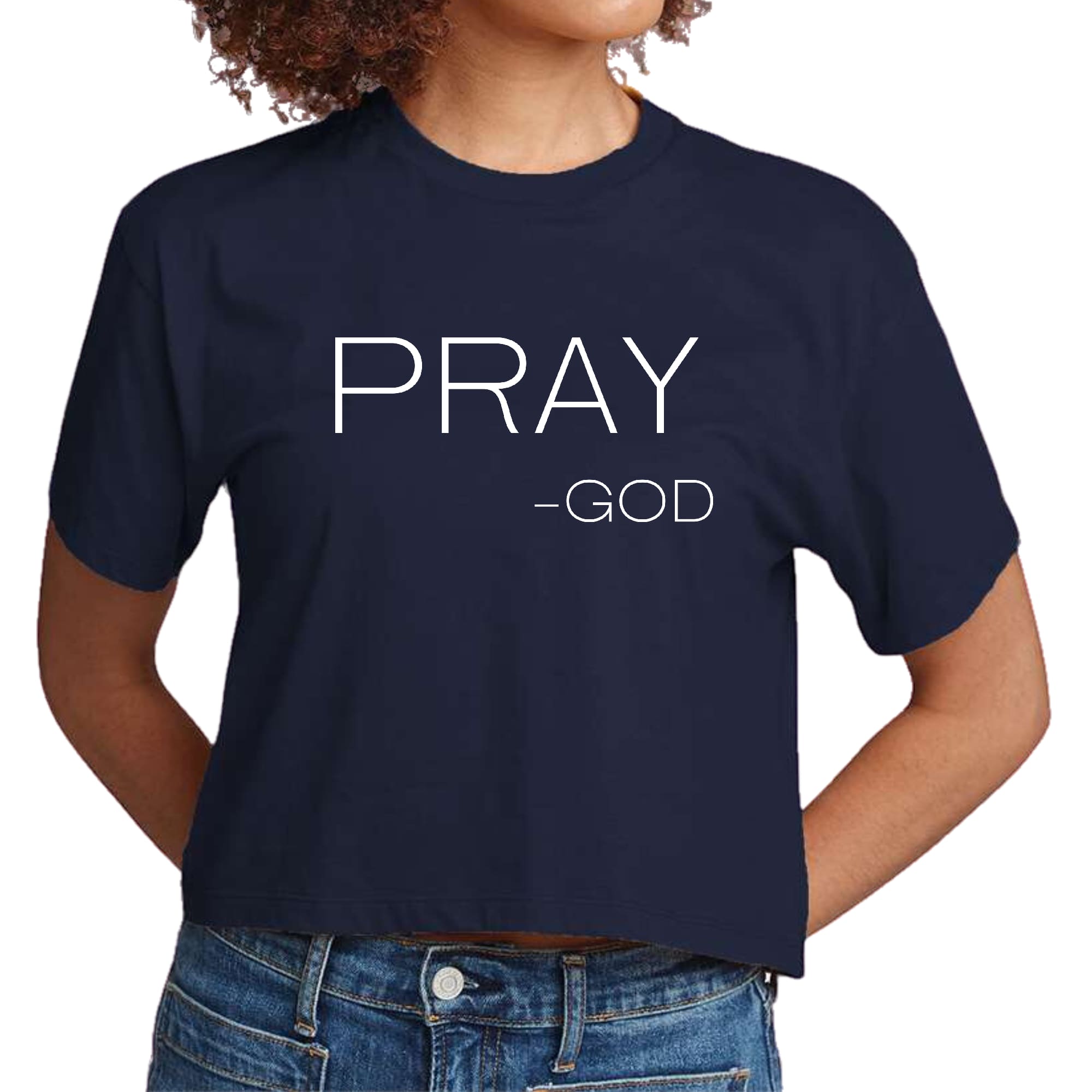 Women's cropped graphic t-shirt featuring 'Pray-God' statement in stylish design, made from soft preshrunk cotton.