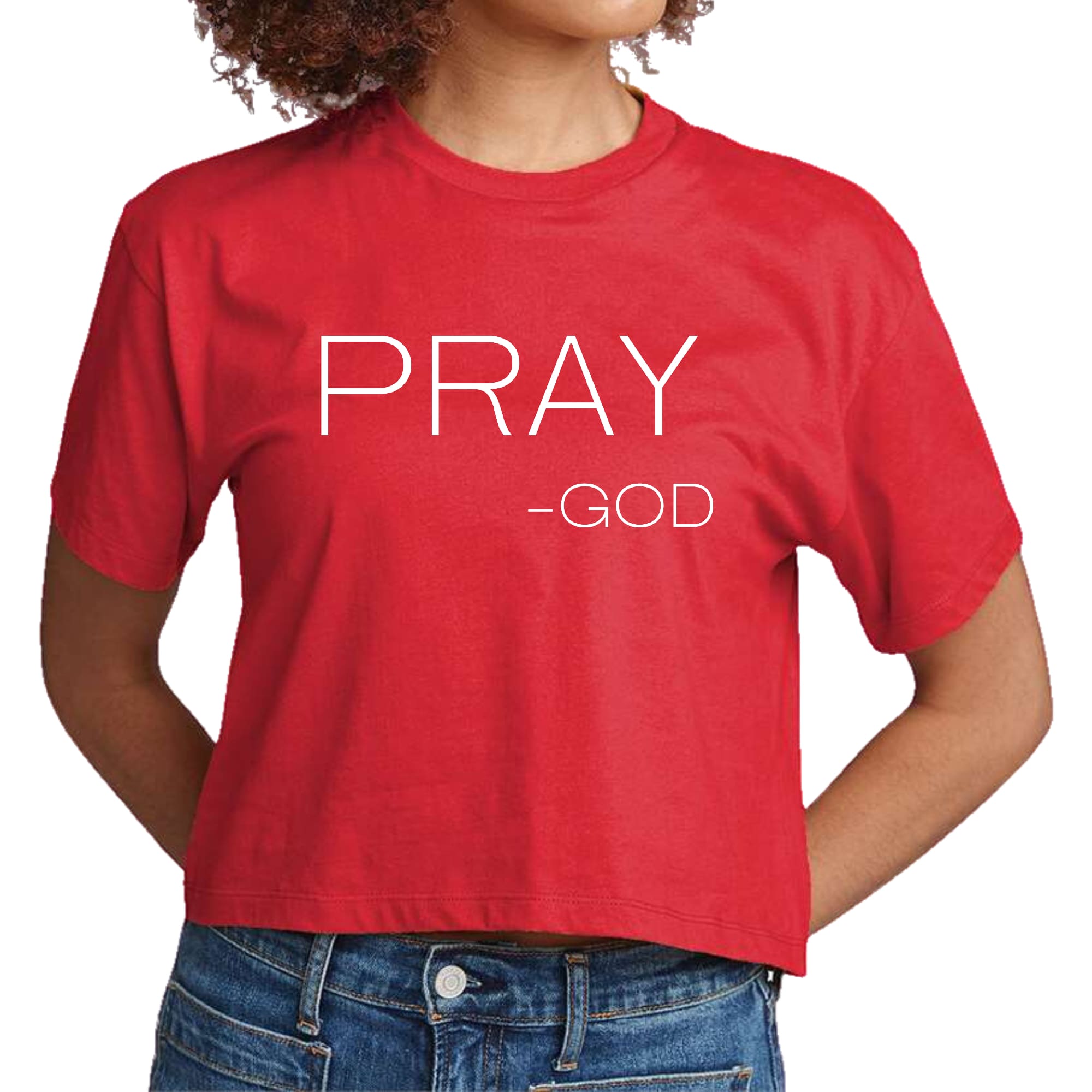 Women's cropped graphic t-shirt featuring 'Pray-God' statement in stylish design, made from soft preshrunk cotton.