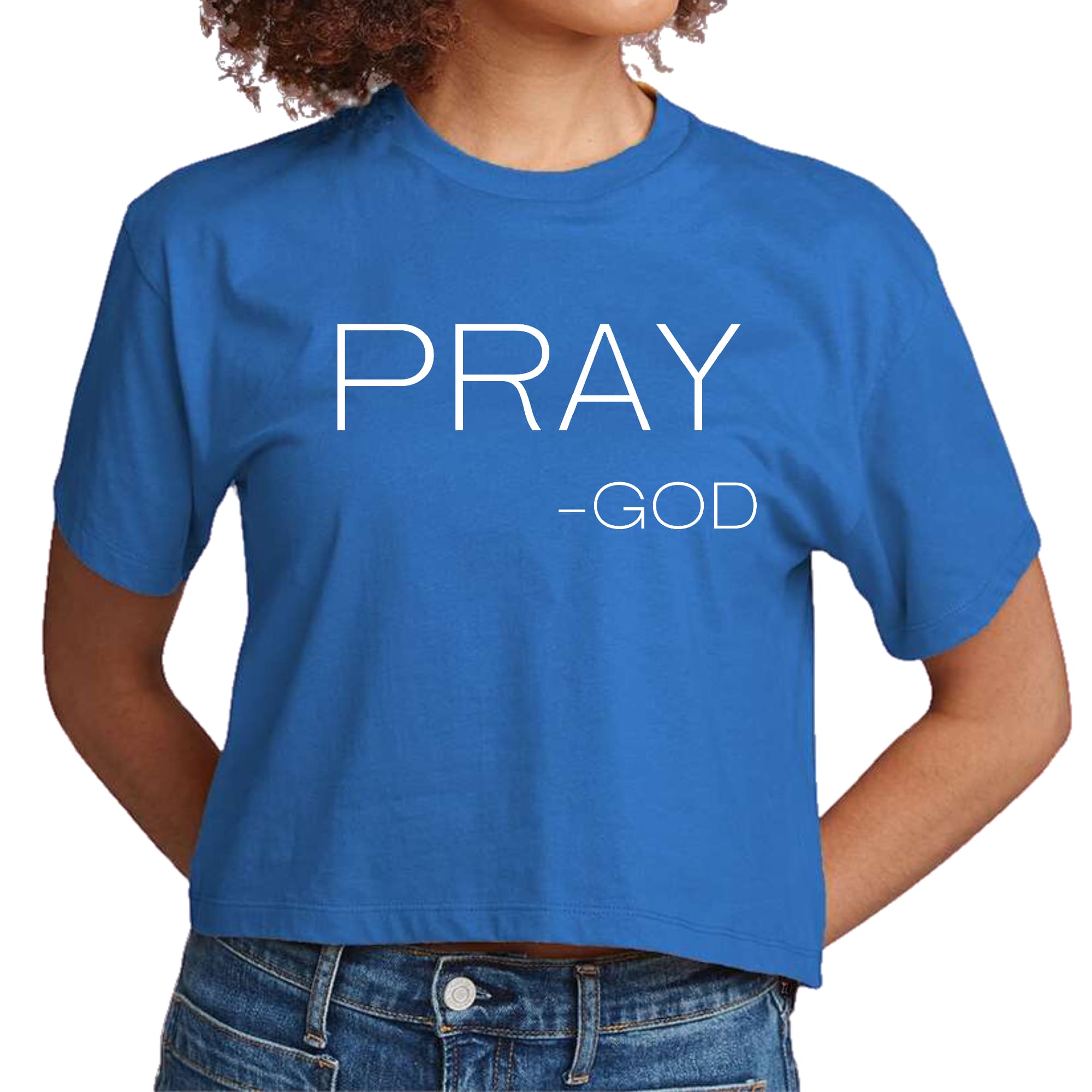 Women's cropped graphic t-shirt featuring 'Pray-God' statement in stylish design, made from soft preshrunk cotton.