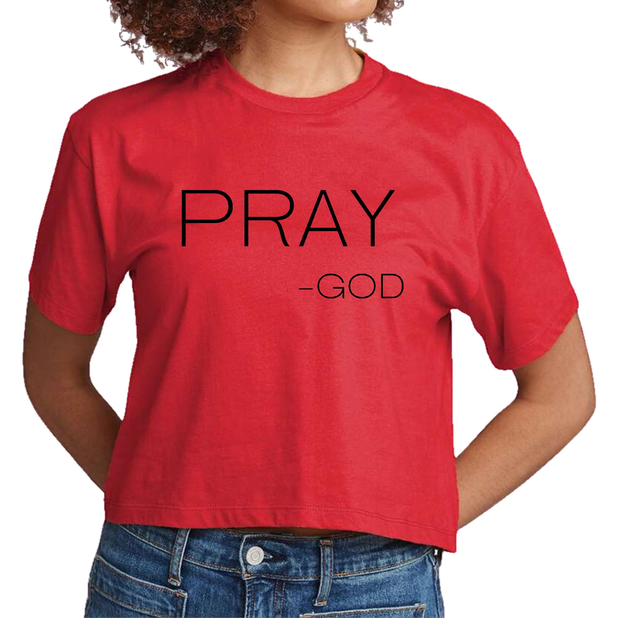 Women's Cropped Graphic T-shirt featuring 'Pray-God' statement in stylish design, made from soft preshrunk cotton.