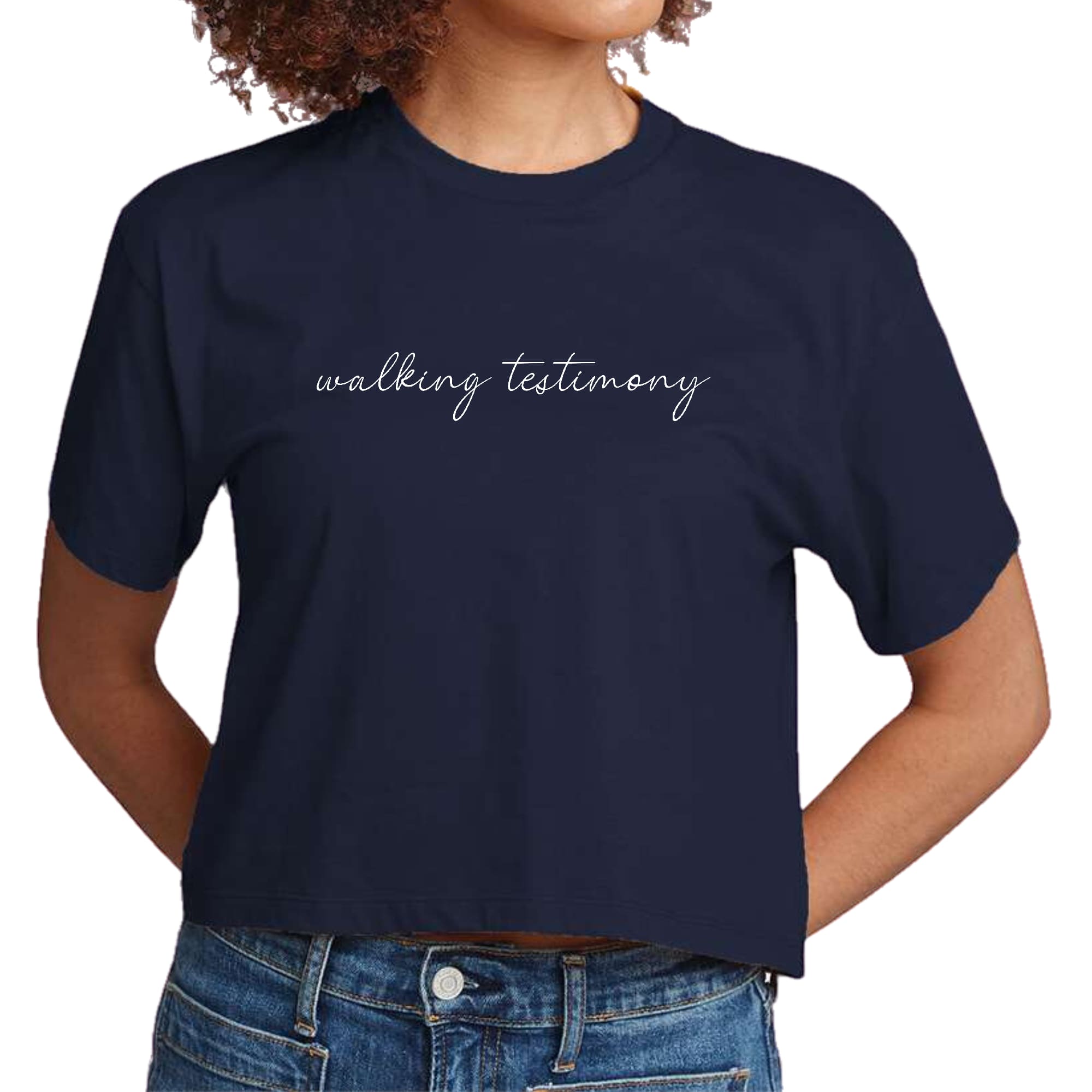 A stylish women's cropped graphic t-shirt featuring the Say It Soul Walking Testimony design, made from soft preshrunk cotton for comfort.