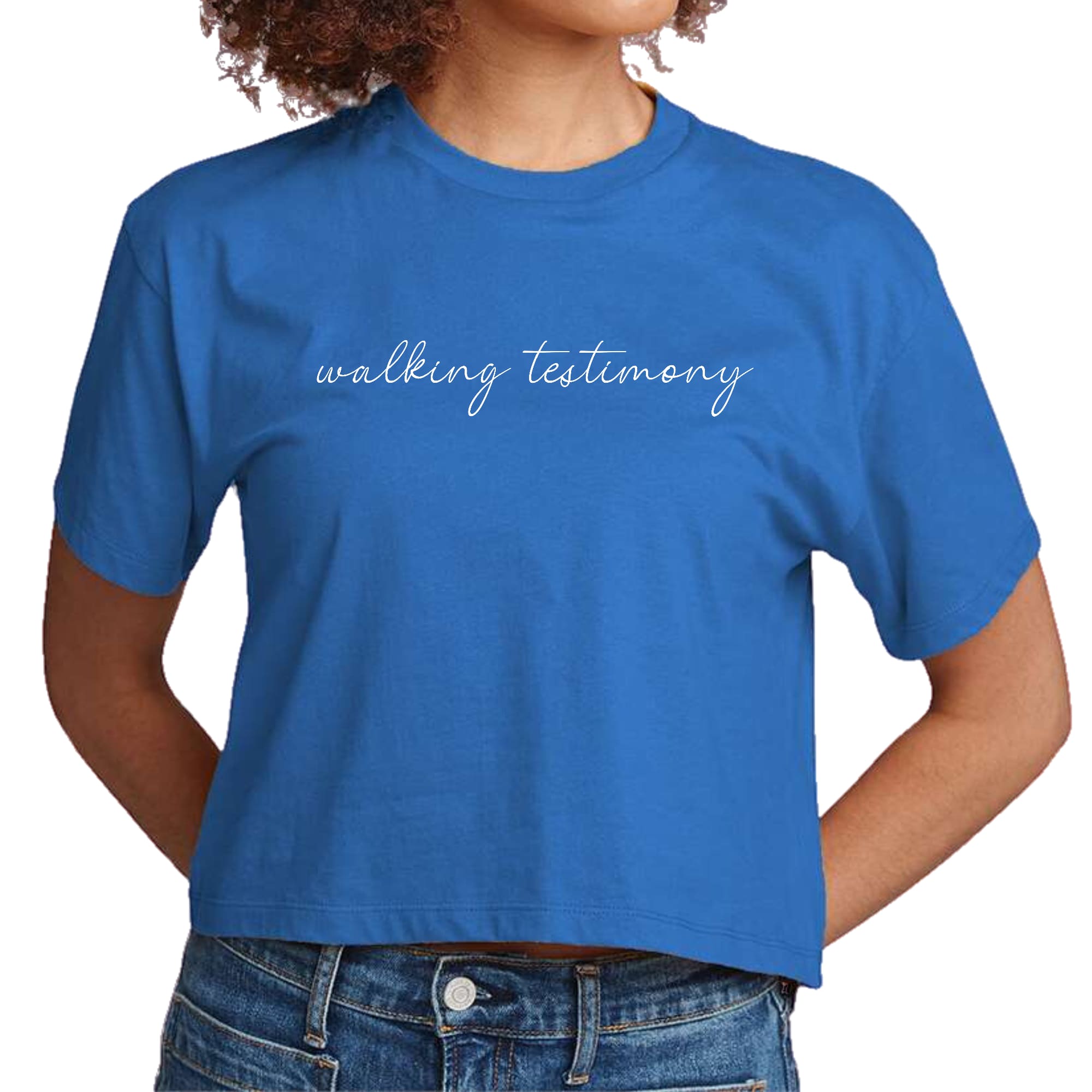 A stylish women's cropped graphic t-shirt featuring the Say It Soul Walking Testimony design, made from soft preshrunk cotton for comfort.