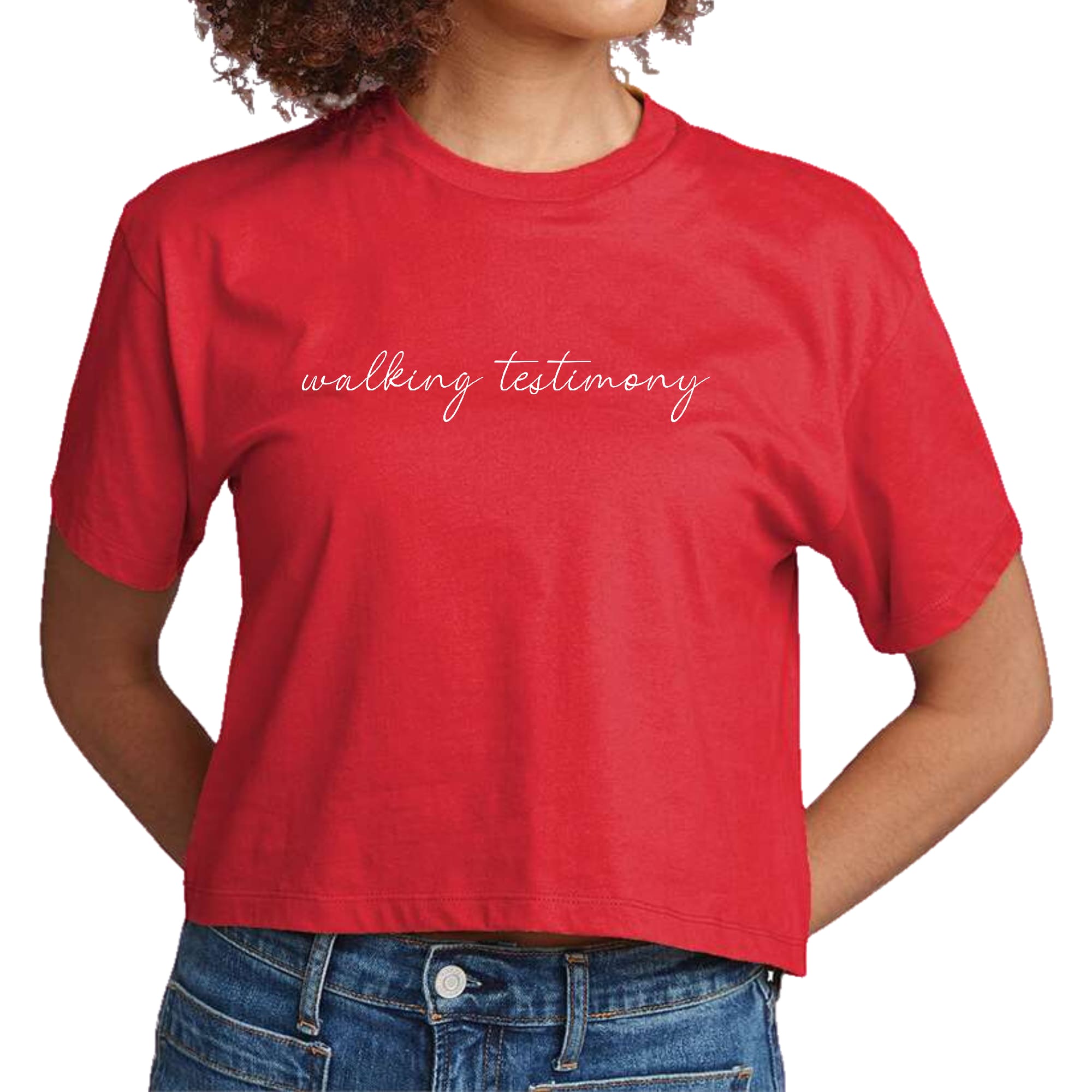 A stylish women's cropped graphic t-shirt featuring the Say It Soul Walking Testimony design, made from soft preshrunk cotton for comfort.