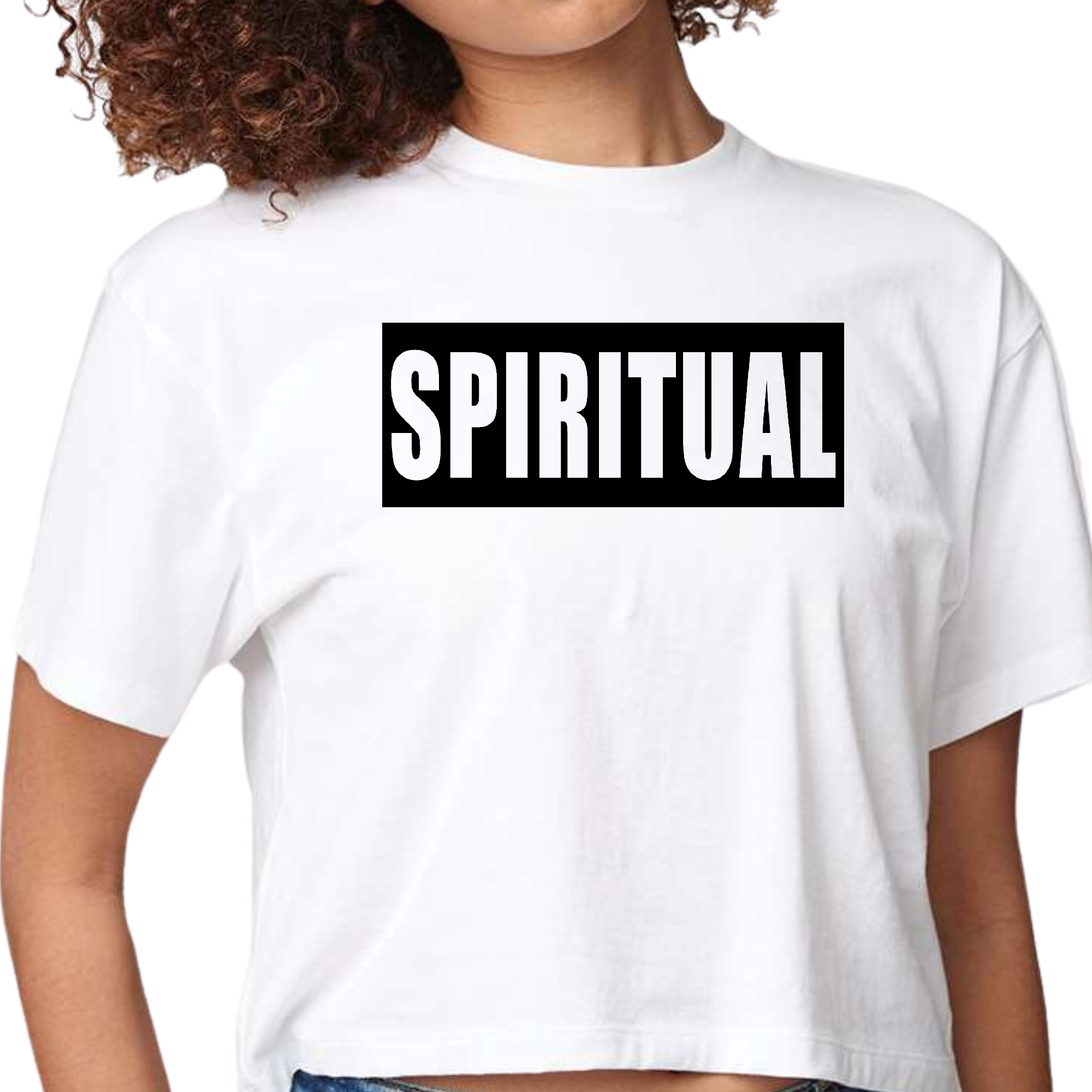 Womens Cropped Graphic T-shirt in Spiritual Black Colorblock, showcasing a stylish design with a comfortable fit.