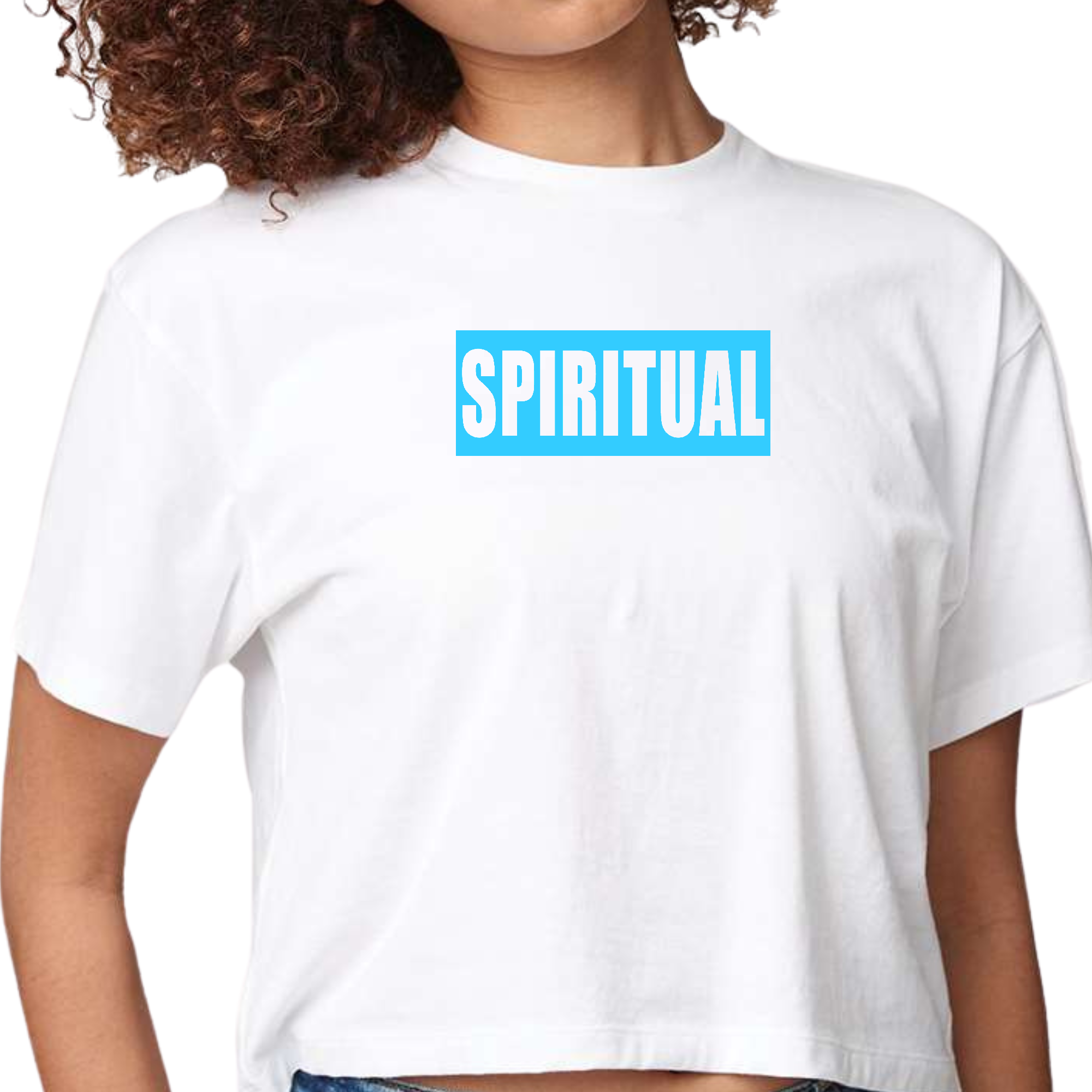 Women's Cropped Graphic T-shirt in Spiritual Light Blue with a unique colorblock illustration, showcasing a stylish and comfortable design.