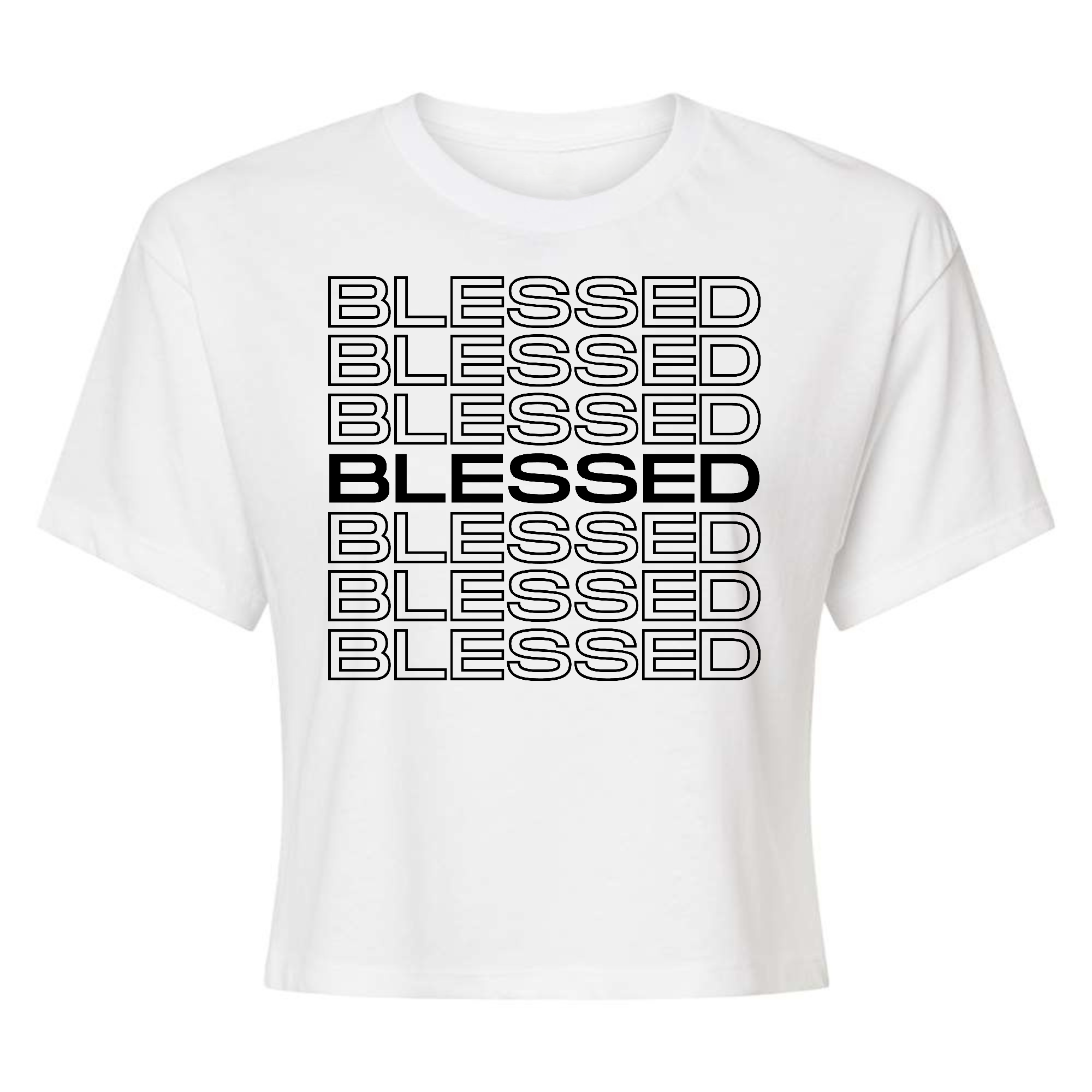 Womens Cropped Graphic T-shirt in black featuring a Stacked Blessed Print, showcasing a stylish and inspirational design.